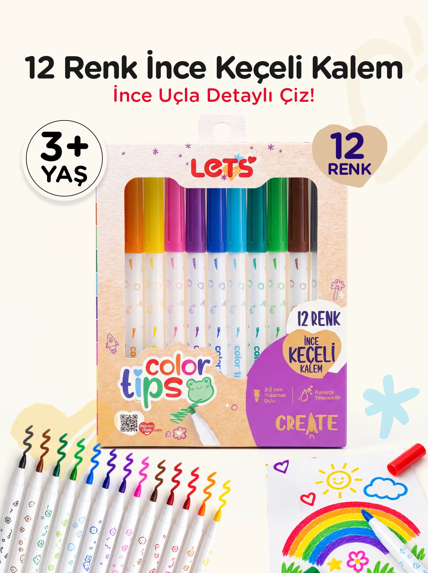 Let’s Color Tips İnce Keçeli Kalem Seti | 12 Renk