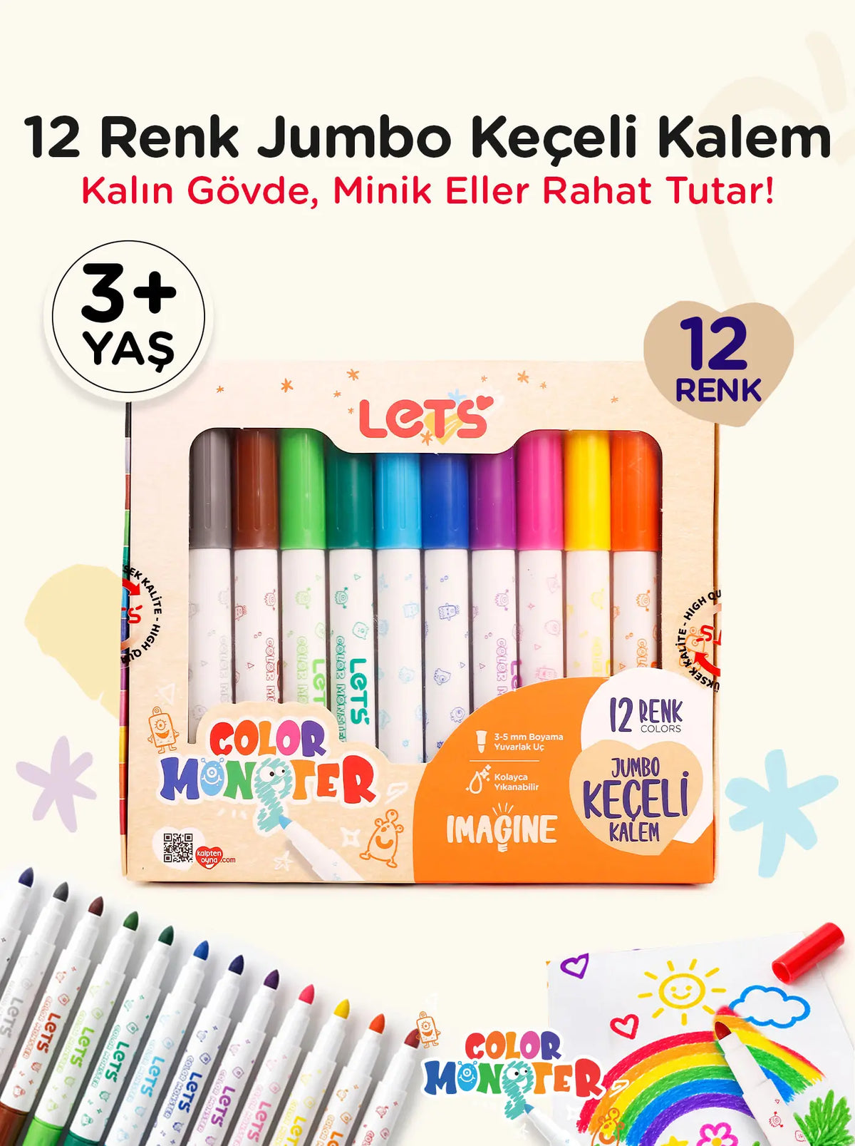 Let’s Color Monster Jumbo Keçeli Kalem | 12 Renk