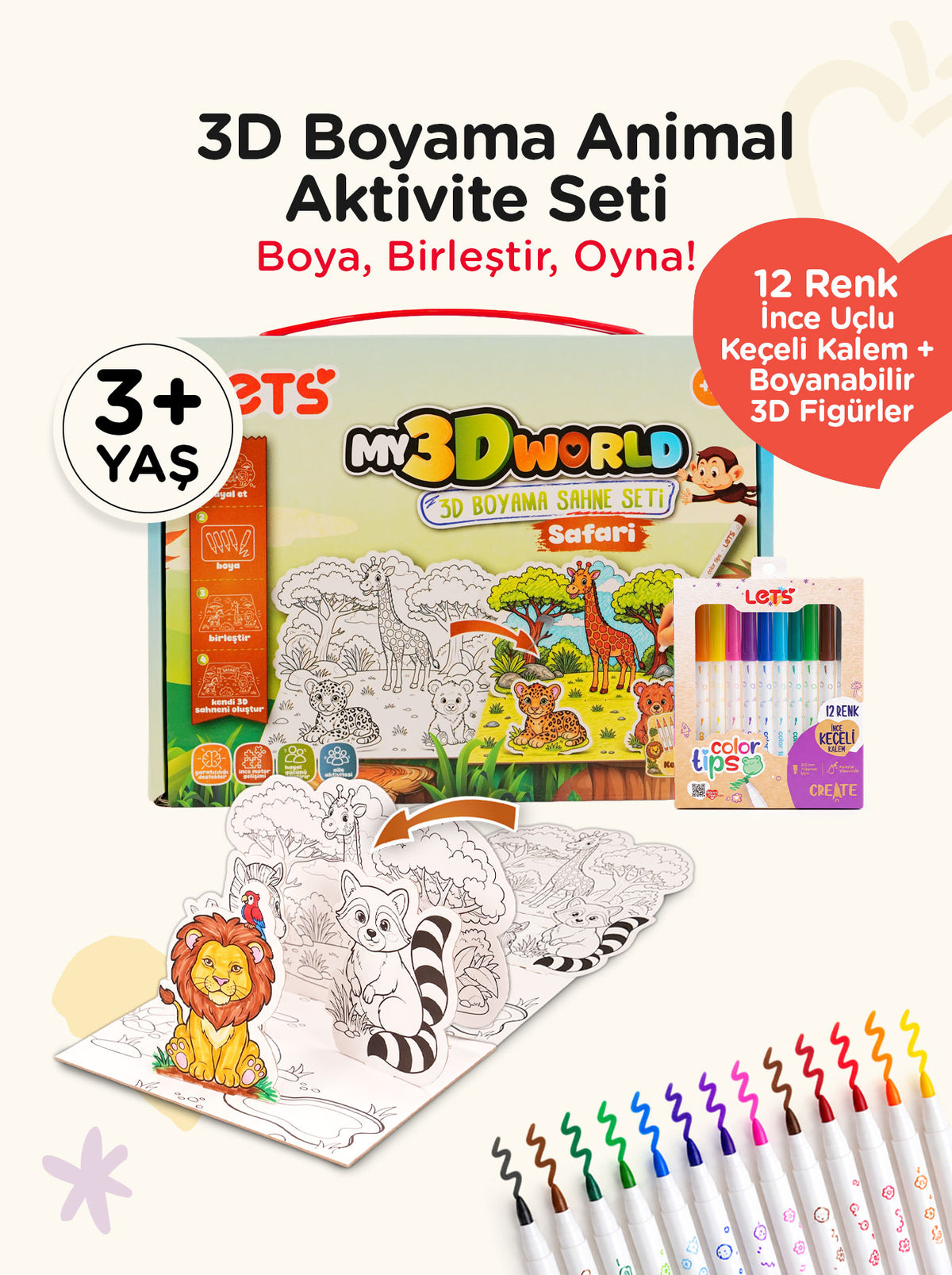 3D Boyama Aktivite Seti Hayvanlar Temalı – 12 Renk Keçeli Kalem | Let’s