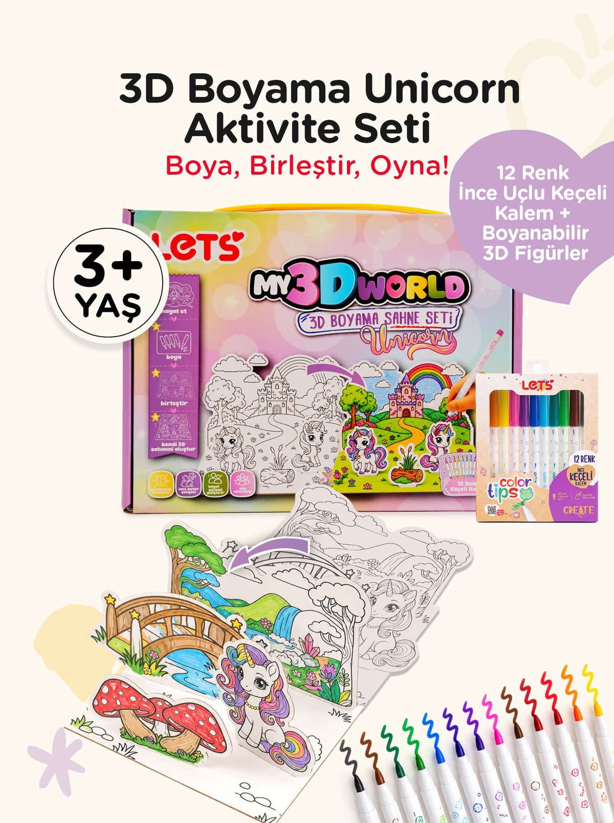 3D Boyama Aktivite Seti Unicorn Temalı – 12 Renk Keçeli Kalem | Let’s