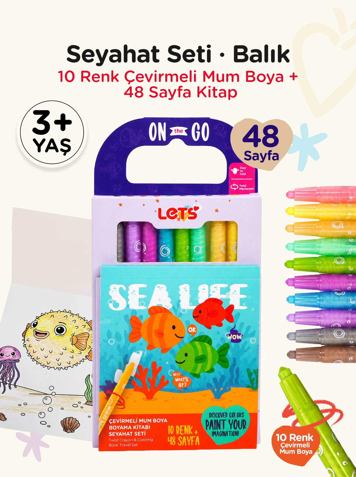 Mum Boya Seyahat Seti – 10 Renk + Boyama Kitabı Deniz Canlıları Temalı | Let's