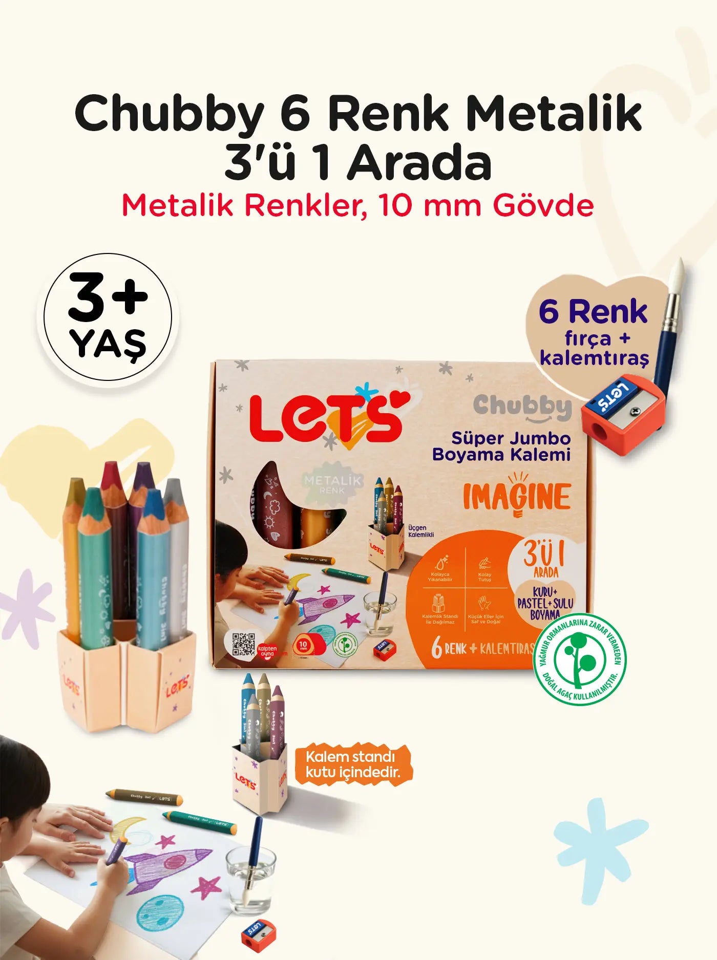 Metalik Boya Kalemi 6 Renk 3in1 – Chubby Jumbo Kalem | Let's
