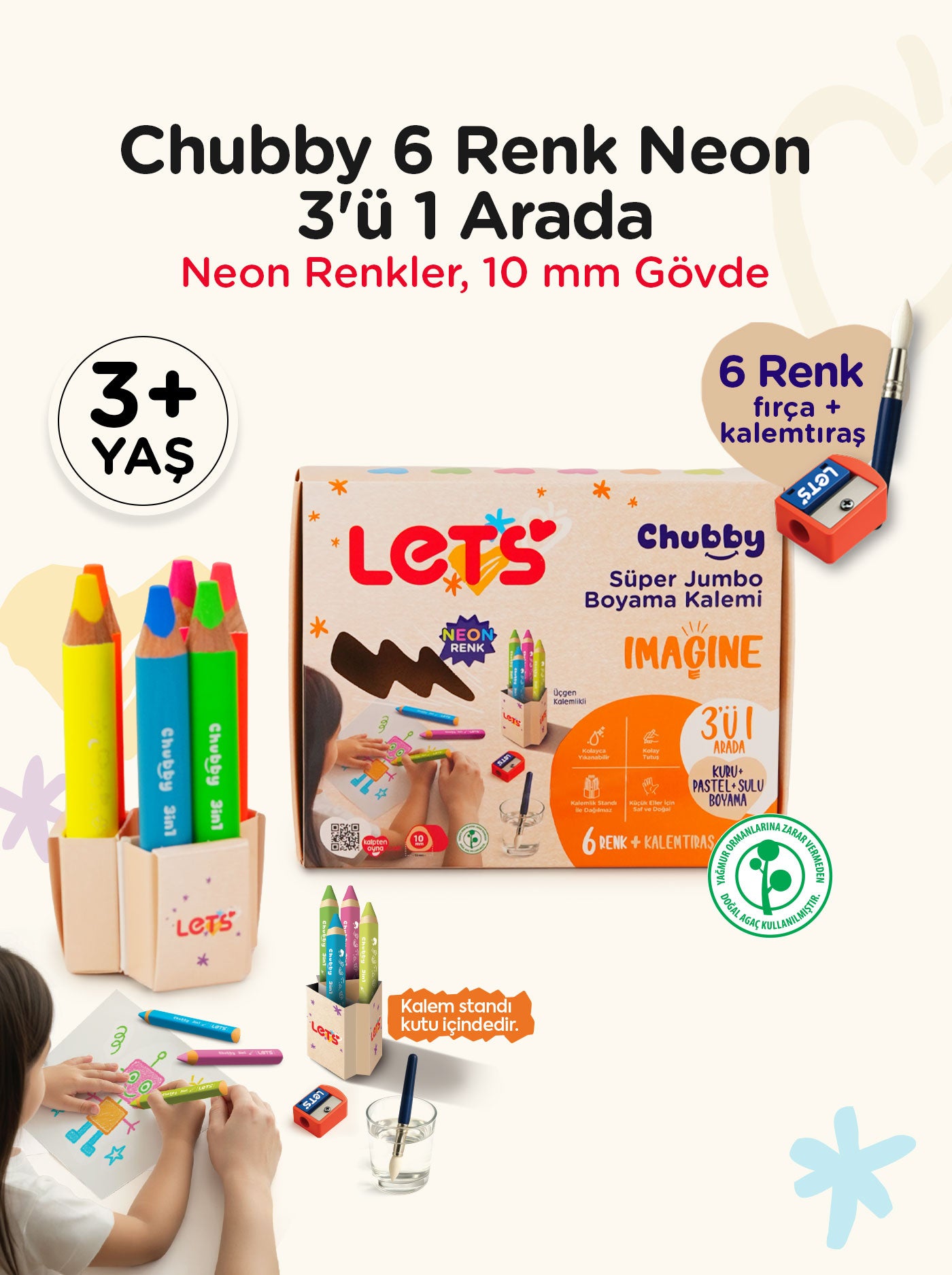 Neon Jumbo Boya Kalemi 6 Renk 3in1 – Chubby Jumbo | Let's