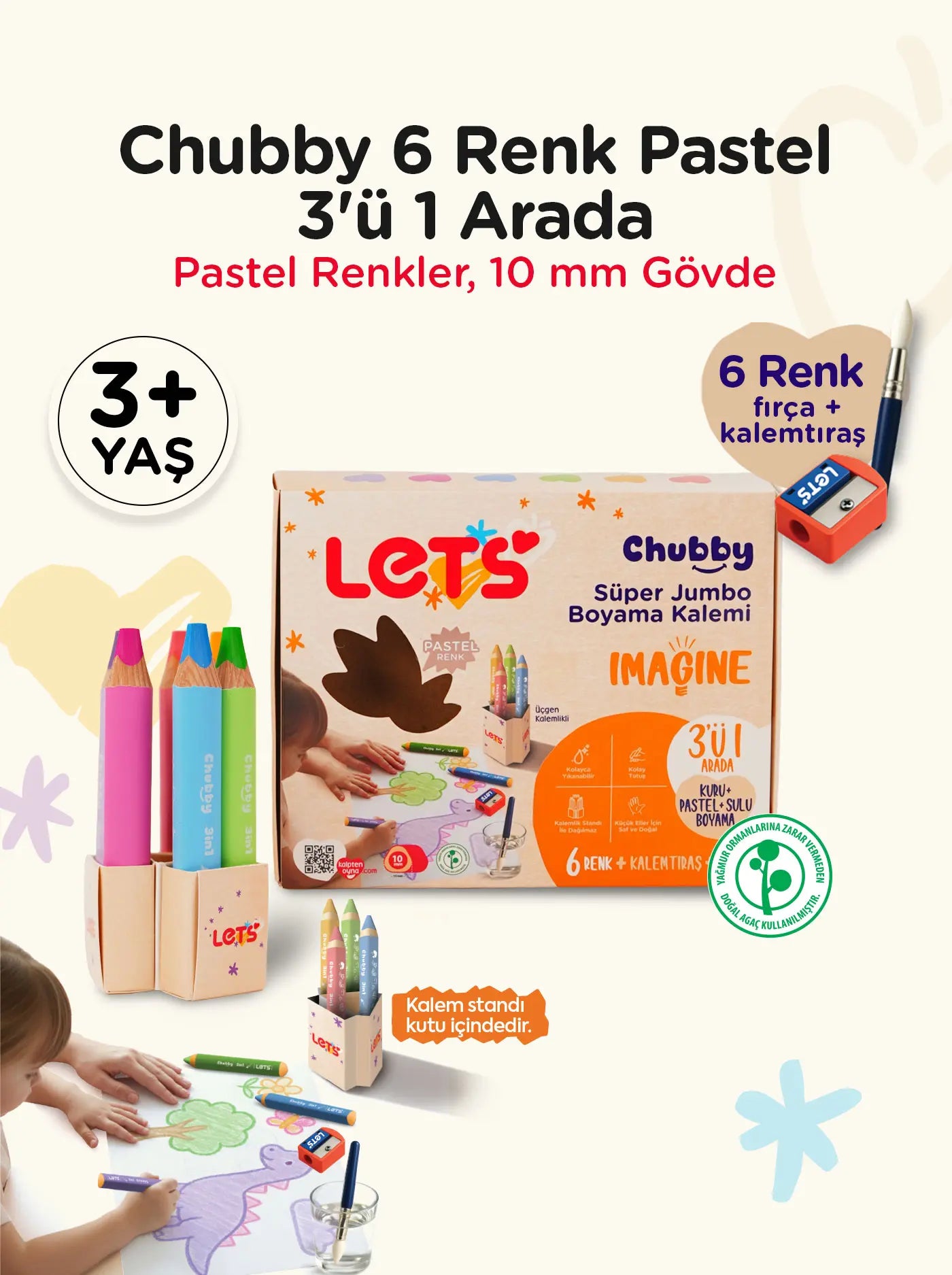 Pastel Boya Kalemi 6 Renk 3in1 – Chubby Jumbo | Let's