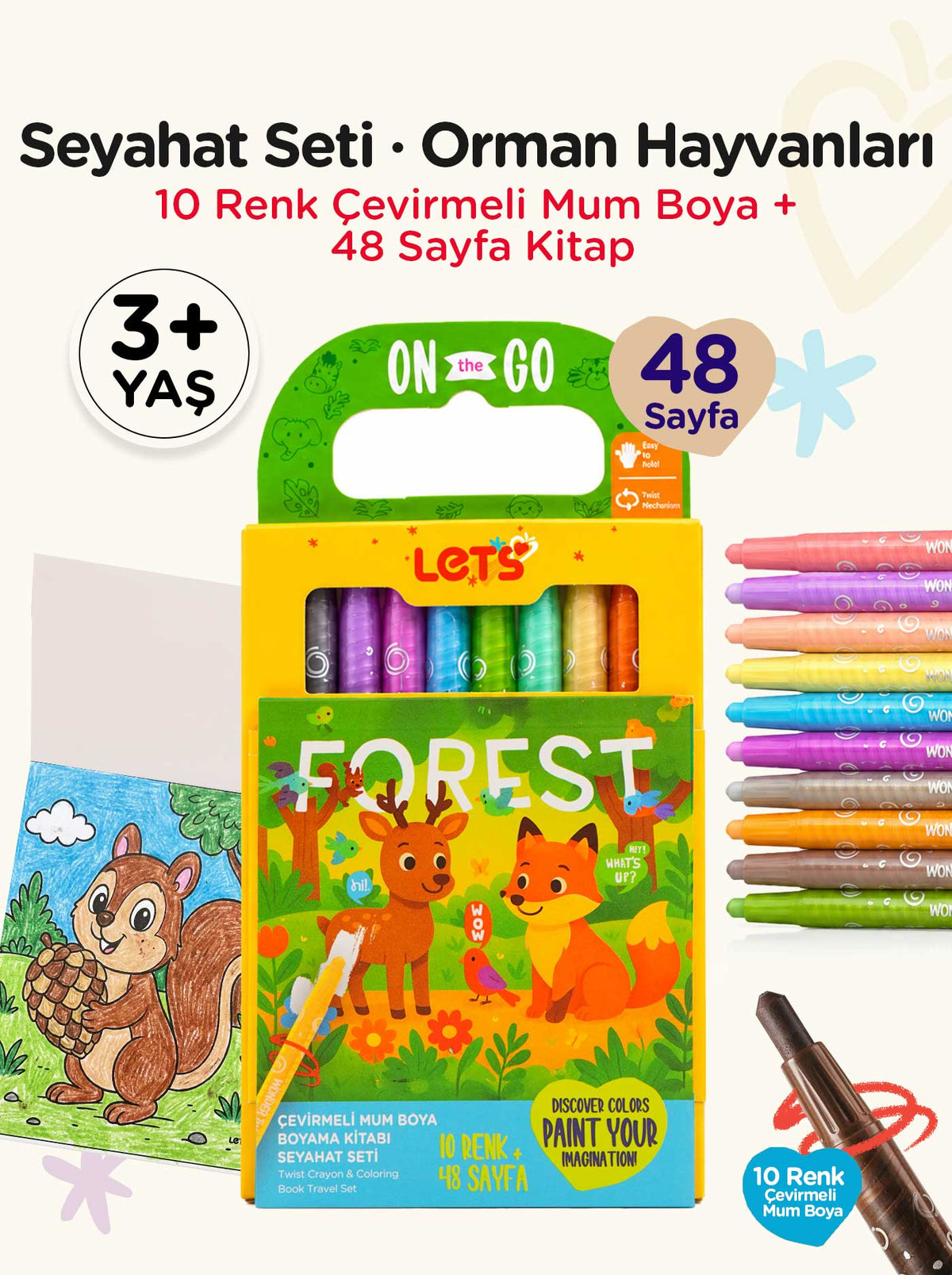 Mum Boya Seyahat Seti – 10 Renk + Boyama Kitabı Orman Hayvanları Temalı | Let's