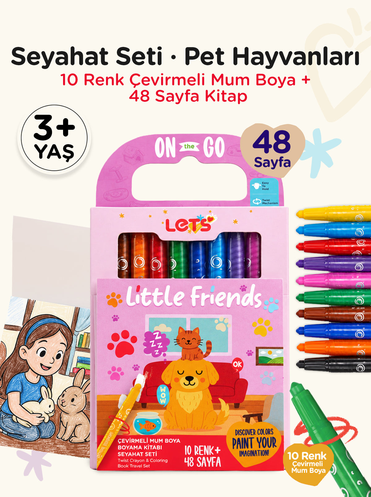 Mum Boya Seyahat Seti – 10 Renk + Boyama Kitabı Sevimli Dostlar Temalı | Let's