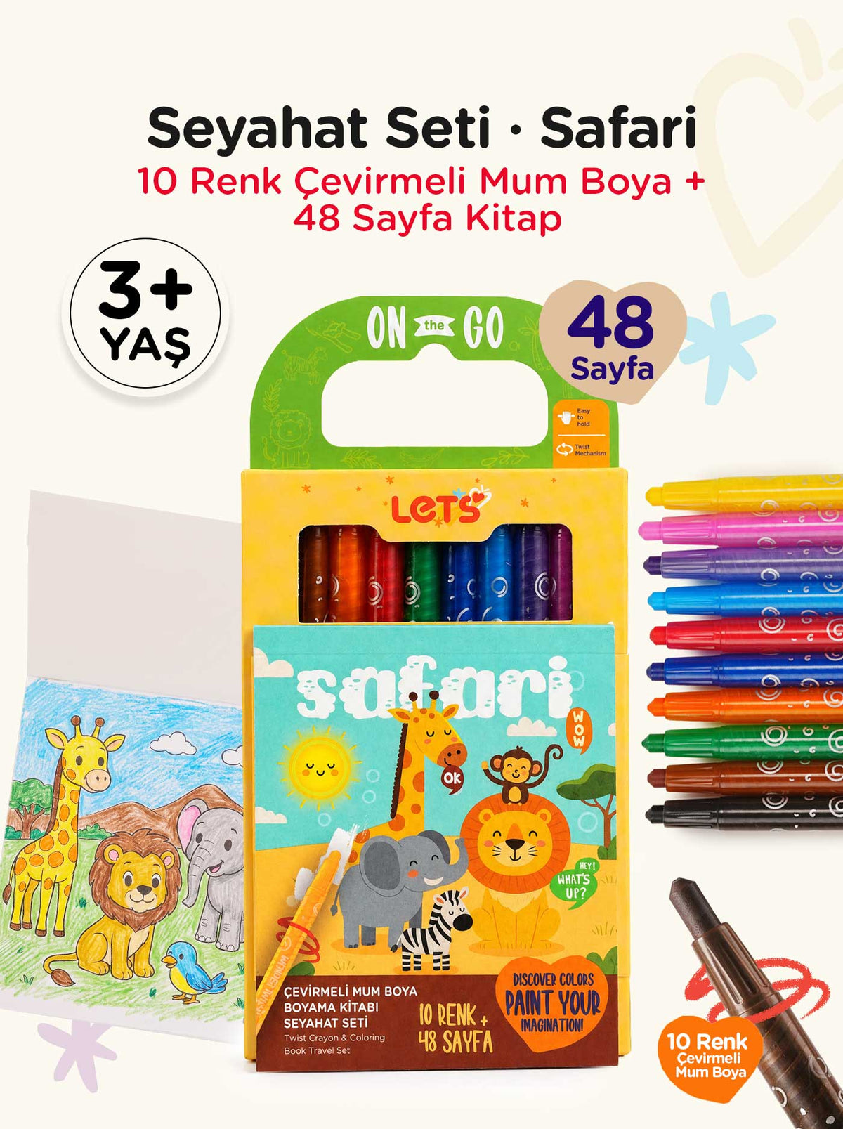 Mum Boya Seyahat Seti – 10 Renk + Boyama Kitabı Safari Temalı | Let's