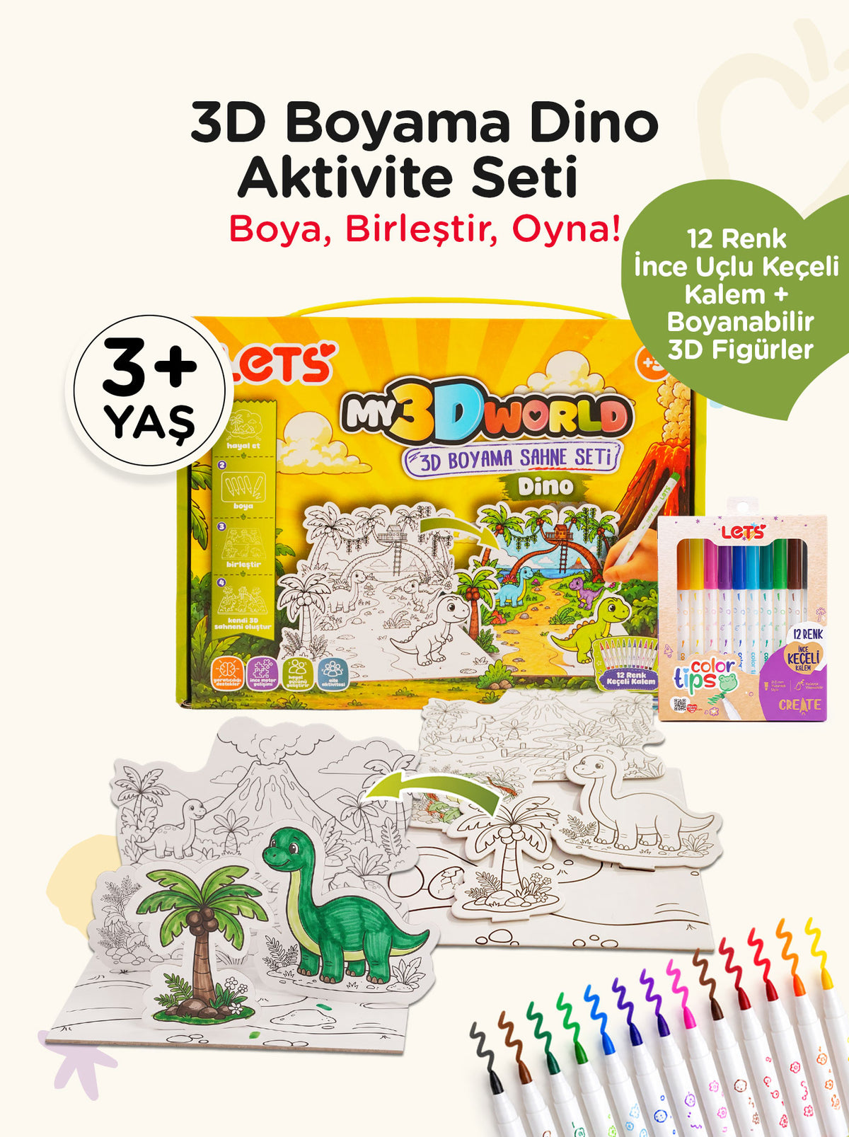 3D Boyama Aktivite Seti Dinozor Temalı – 12 Renk Keçeli Kalem | Let's