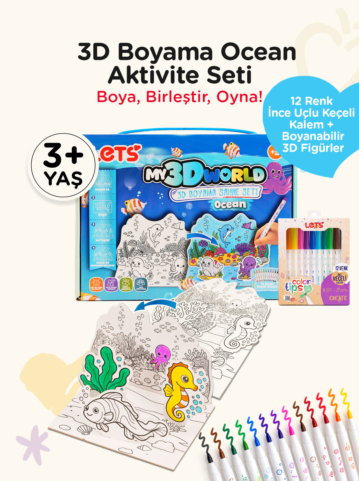 3D Boyama Aktivite Seti Okyanus Temalı – 12 Renk Keçeli Kalem | Let's