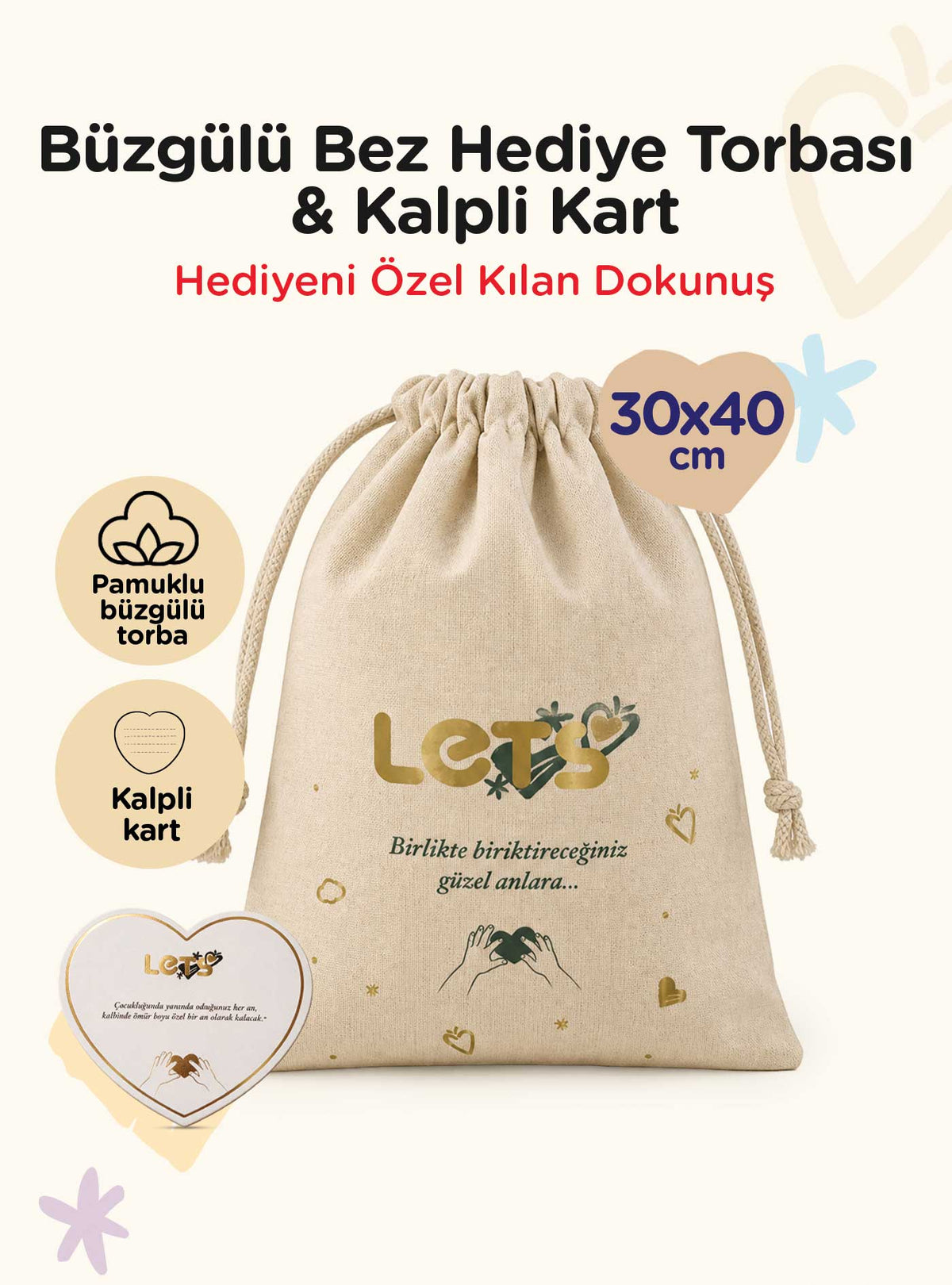 Büzgülü Bez Hediye Torbası ve Kalpli Hediye Kartı Seti 30x40 cm Doğum Günü Hediye Paketi 1