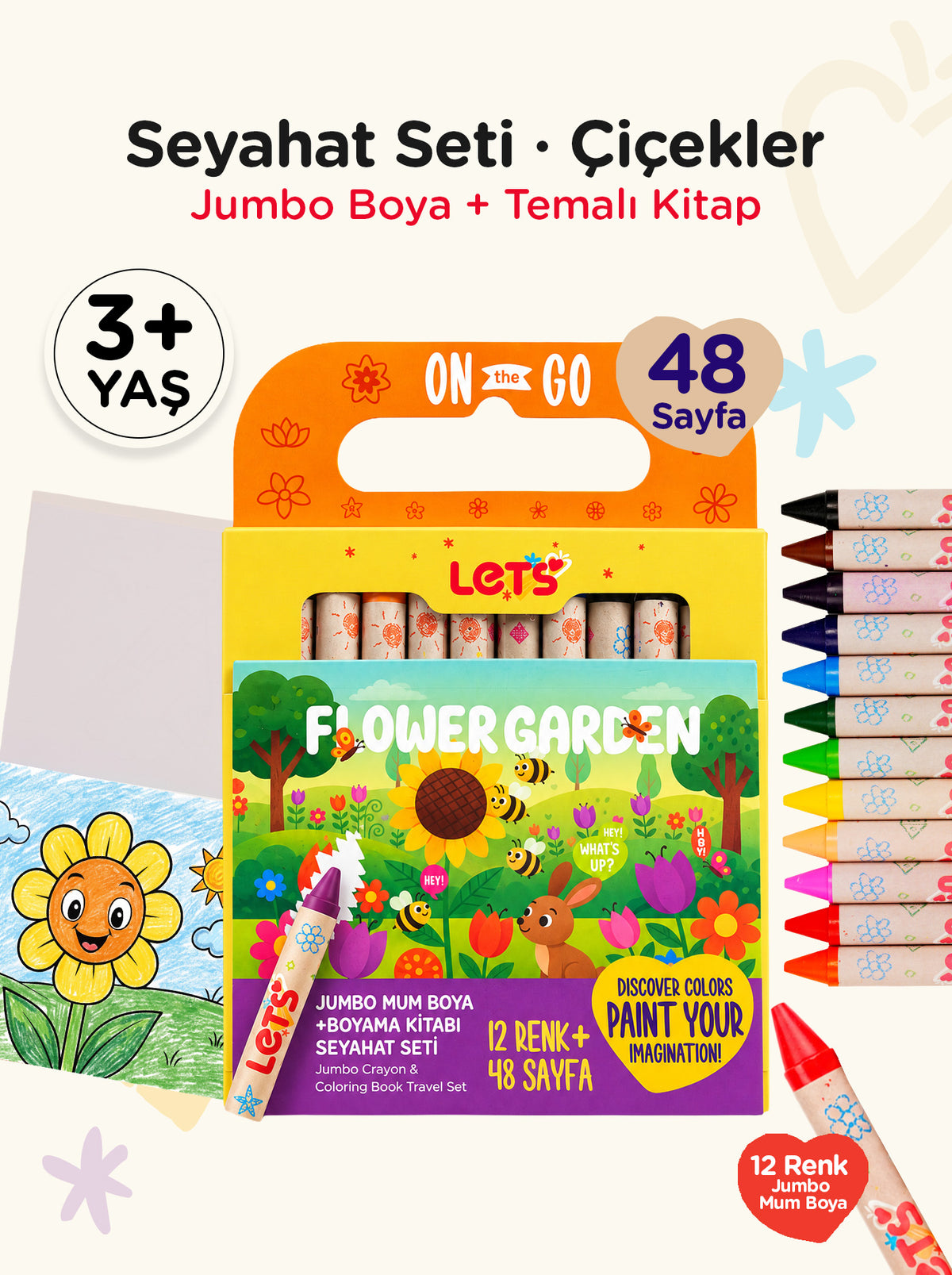 Mum Boya Seyahat Seti – 12 Renk + Boyama Kitabı Çiçekler Temalı | Let's
