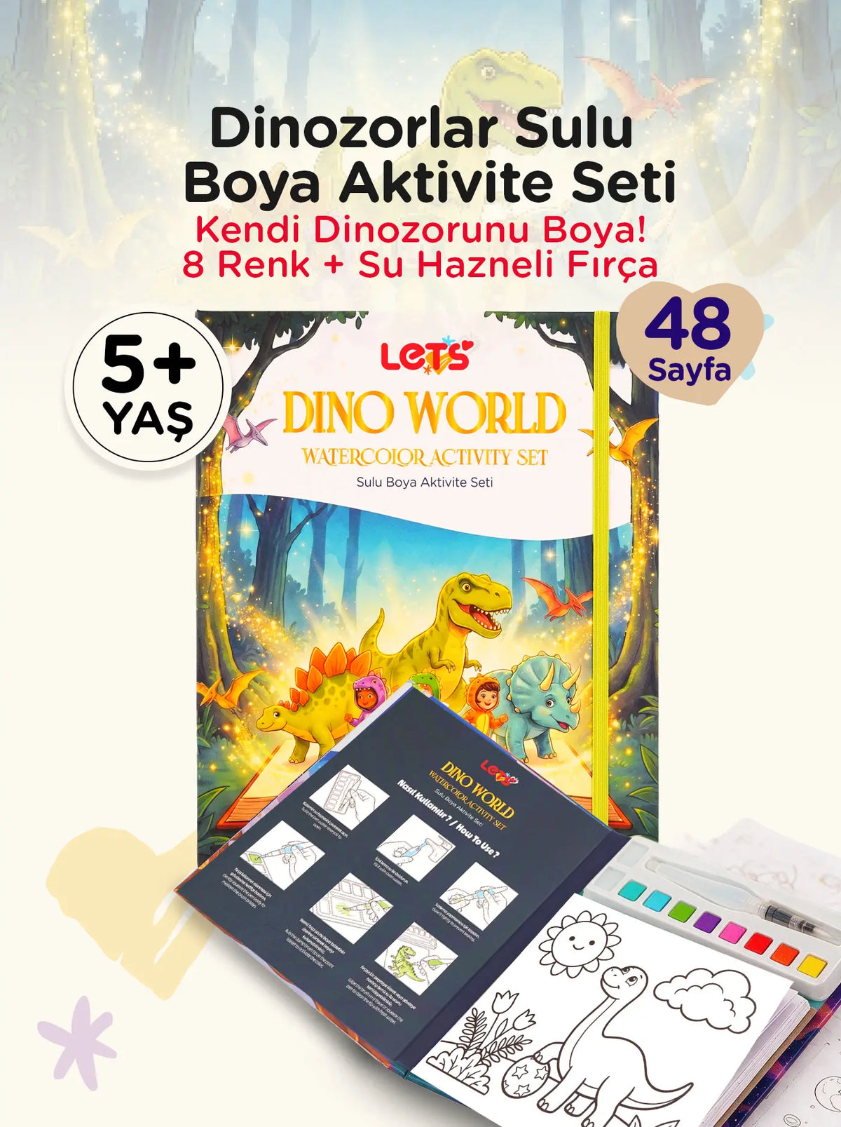 Sulu Boya Boyama Kitabı & Aktivite Seti - Dino World