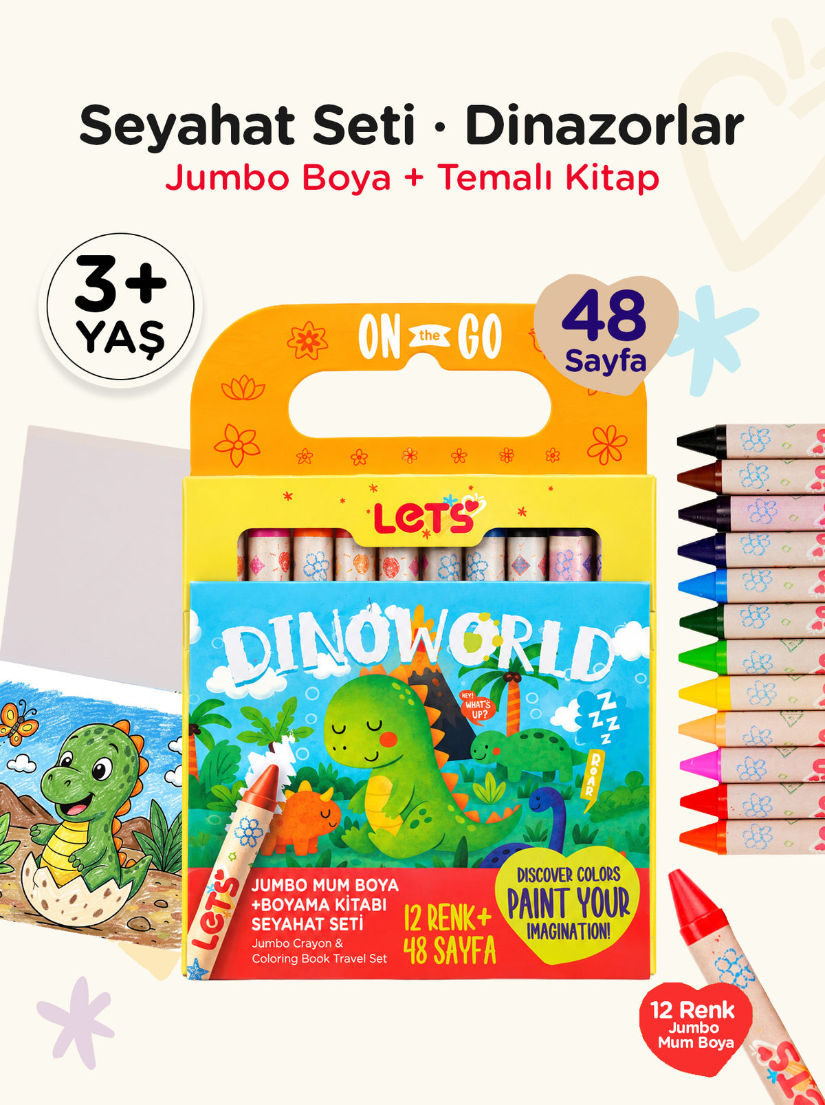 Mum Boya Seyahat Seti – 12 Renk + Boyama Kitabı Dinozorlar Temalı | Let's