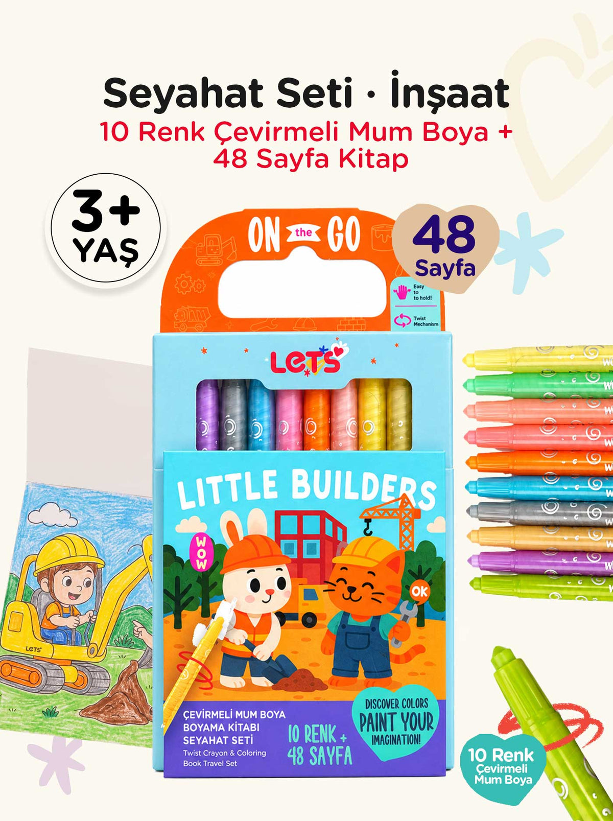 Mum Boya Seyahat Seti – 10 Renk + Boyama Kitabı İnşaat Temalı | Let's