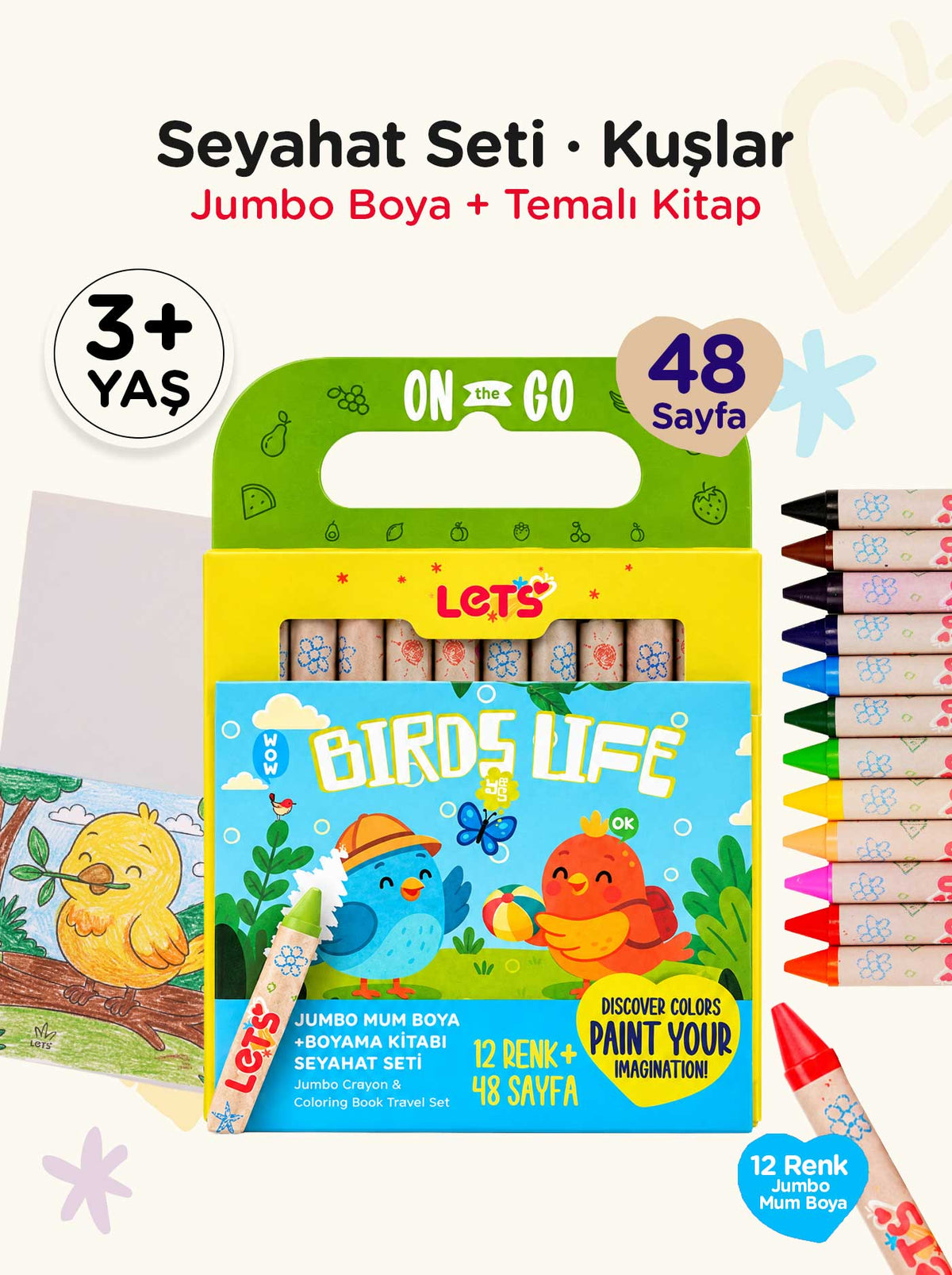 Mum Boya Seyahat Seti – 12 Renk + Boyama Kitabı Kuşlar Temalı | Let's