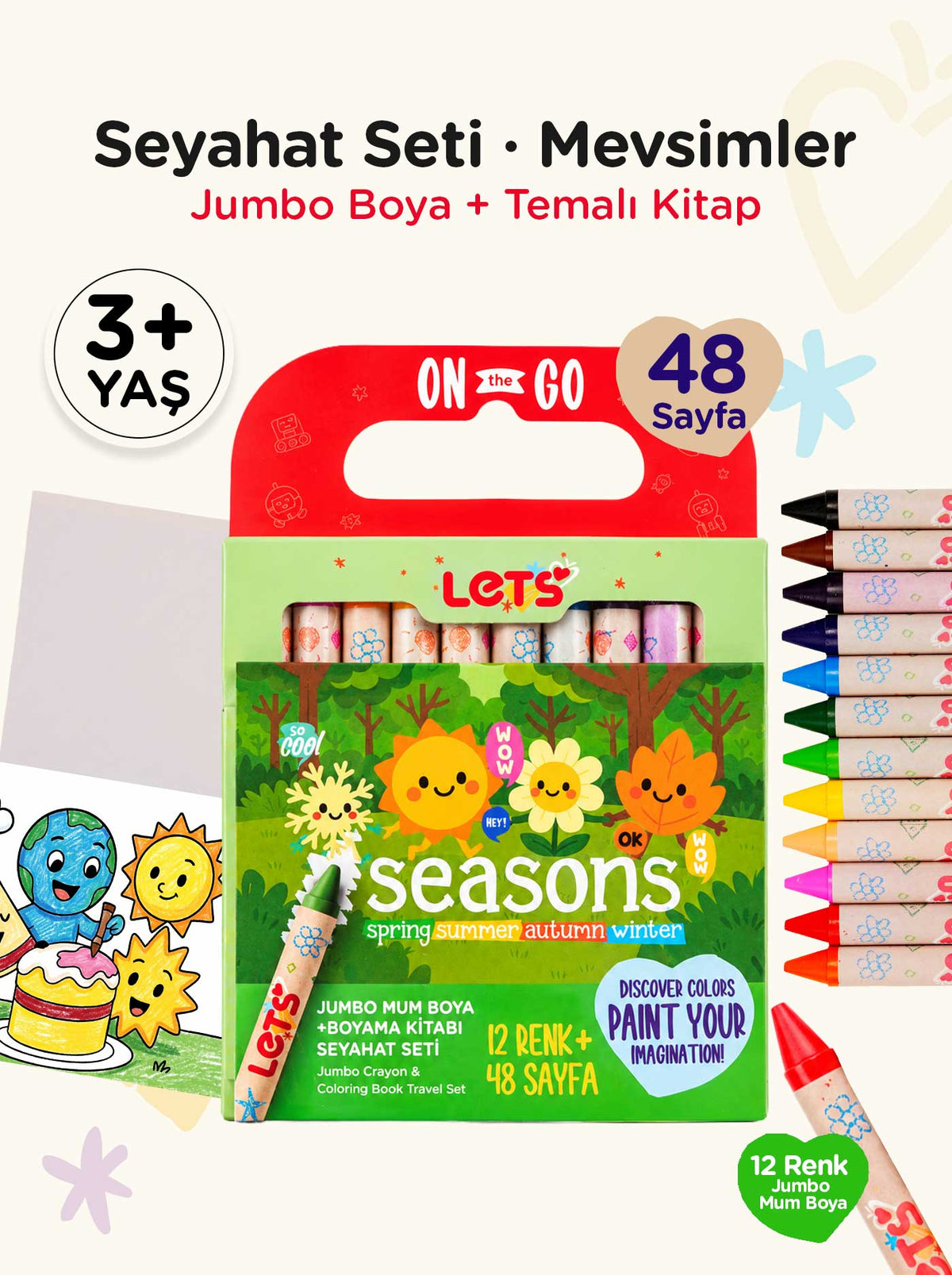 Mum Boya Seyahat Seti – 12 Renk + Boyama Kitabı Mevsimler Temalı | Let's