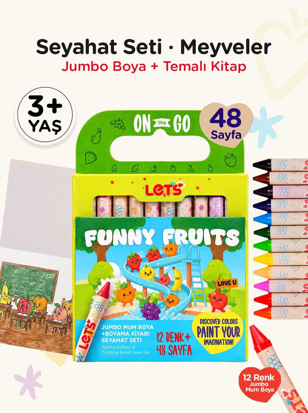 Mum Boya Seyahat Seti – 12 Renk + Boyama Kitabı Meyveler Temalı | Let's