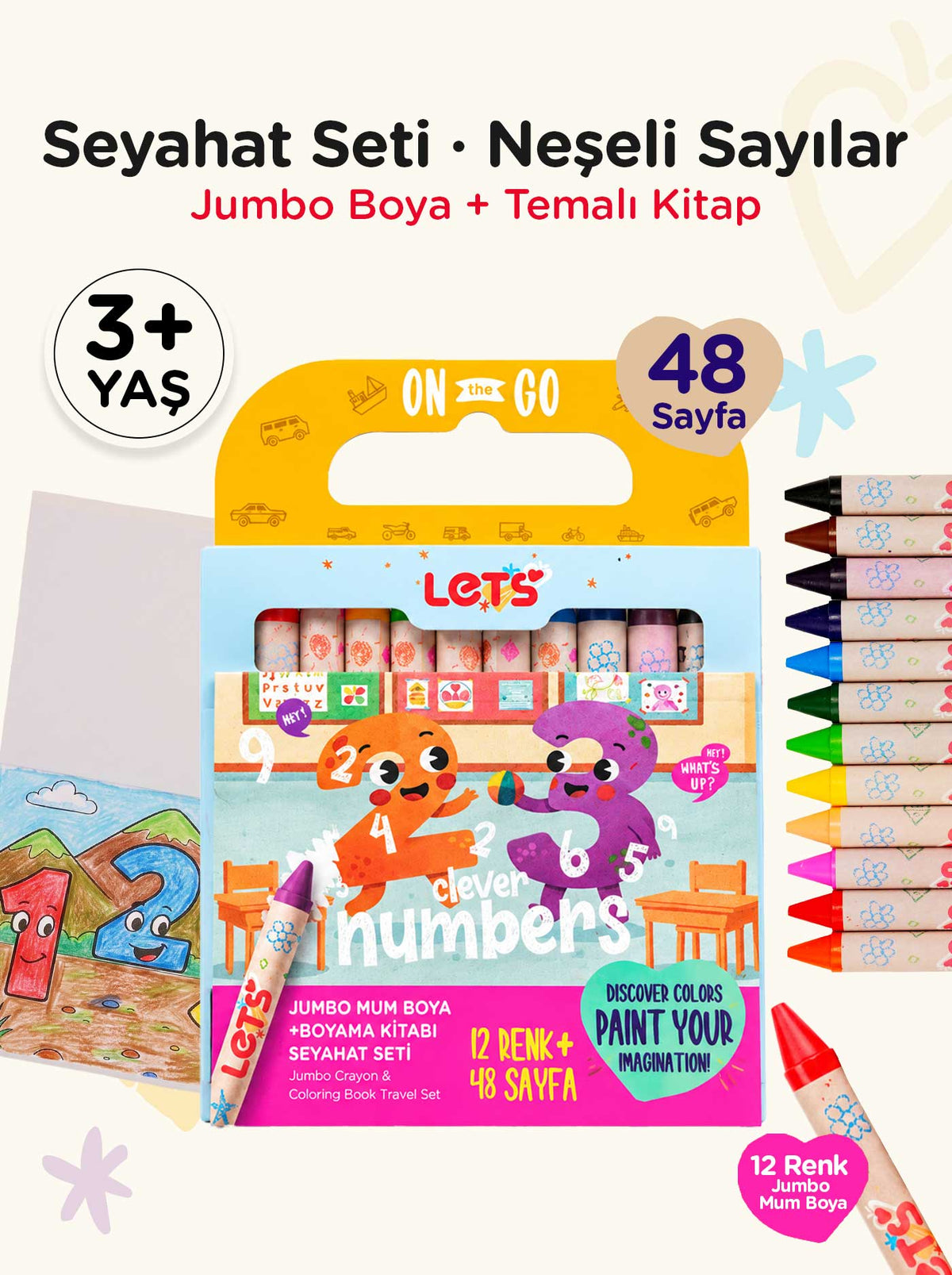 Mum Boya Seyahat Seti – 12 Renk + Boyama Kitabı Neşeli Sayılar Temalı | Let's