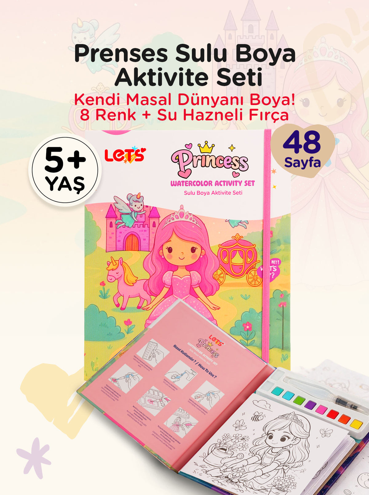 Sulu Boya Boyama Kitabı & Aktivite Seti – Prenses | Let's