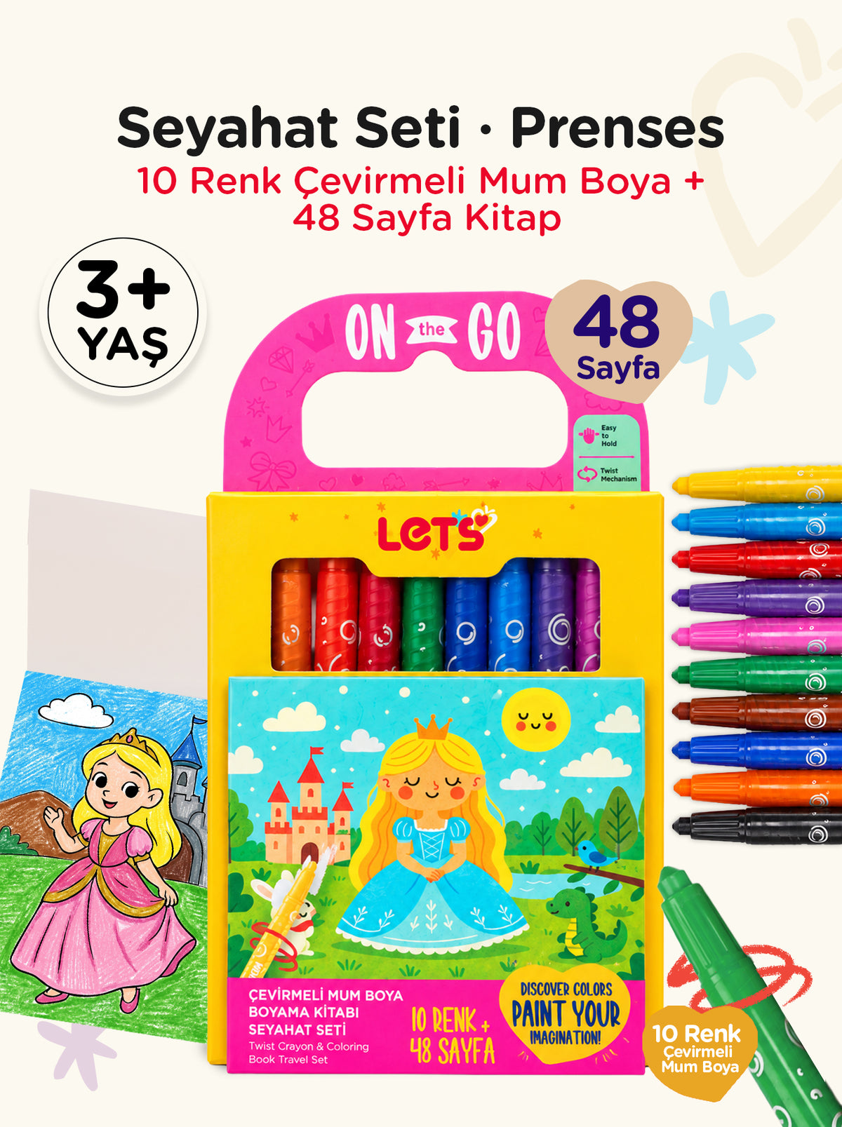 Mum Boya Seyahat Seti – 10 Renk + Boyama Kitabı Prenses Temalı | Let's