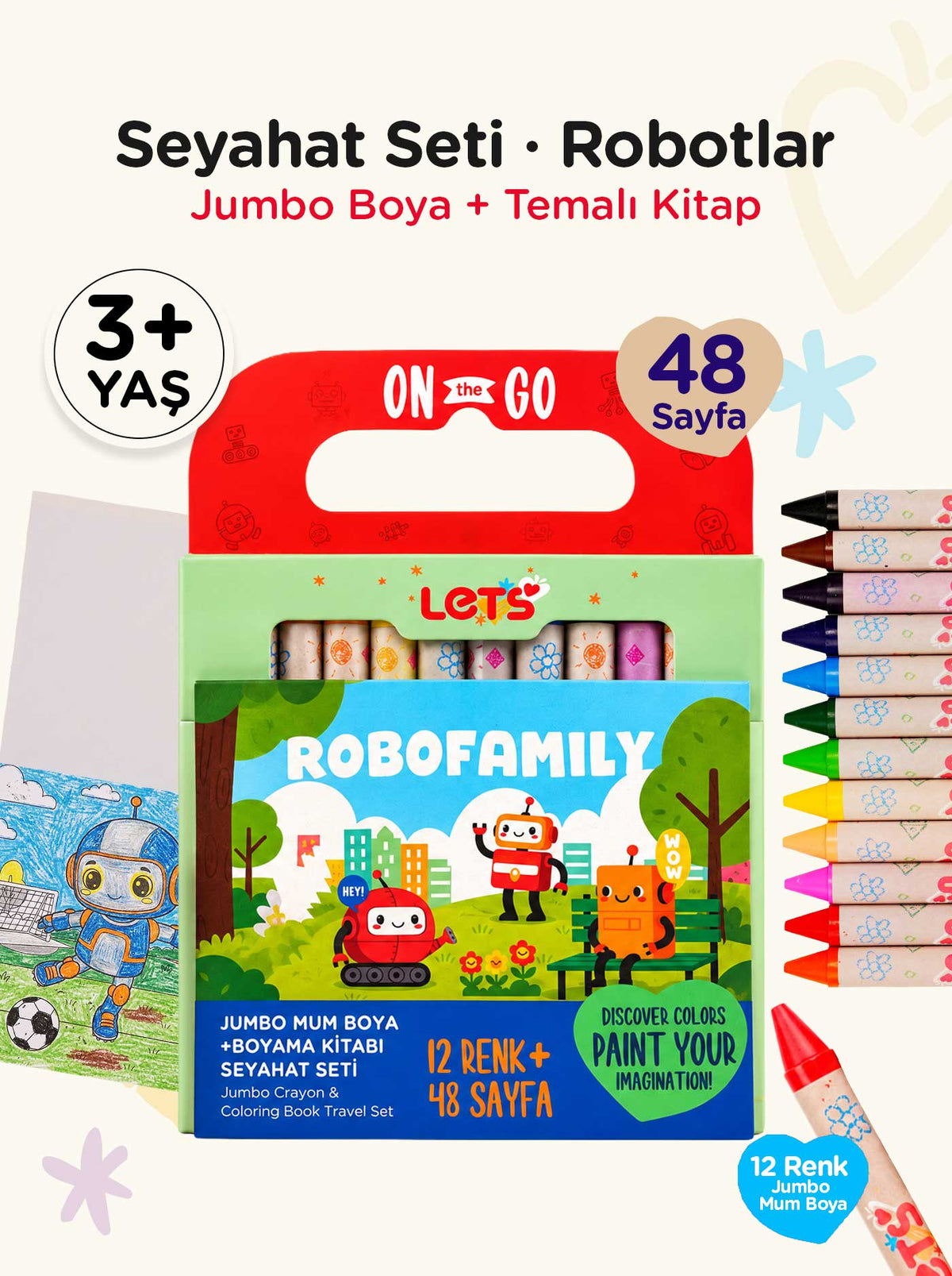 Mum Boya Seyahat Seti – 12 Renk + Boyama Kitabı Robotlar Temalı | Let's