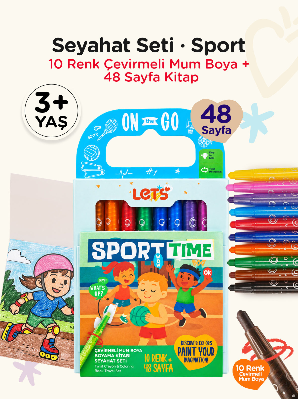 Mum Boya Seyahat Seti – 10 Renk + Boyama Kitabı Spor Temalı | Let's