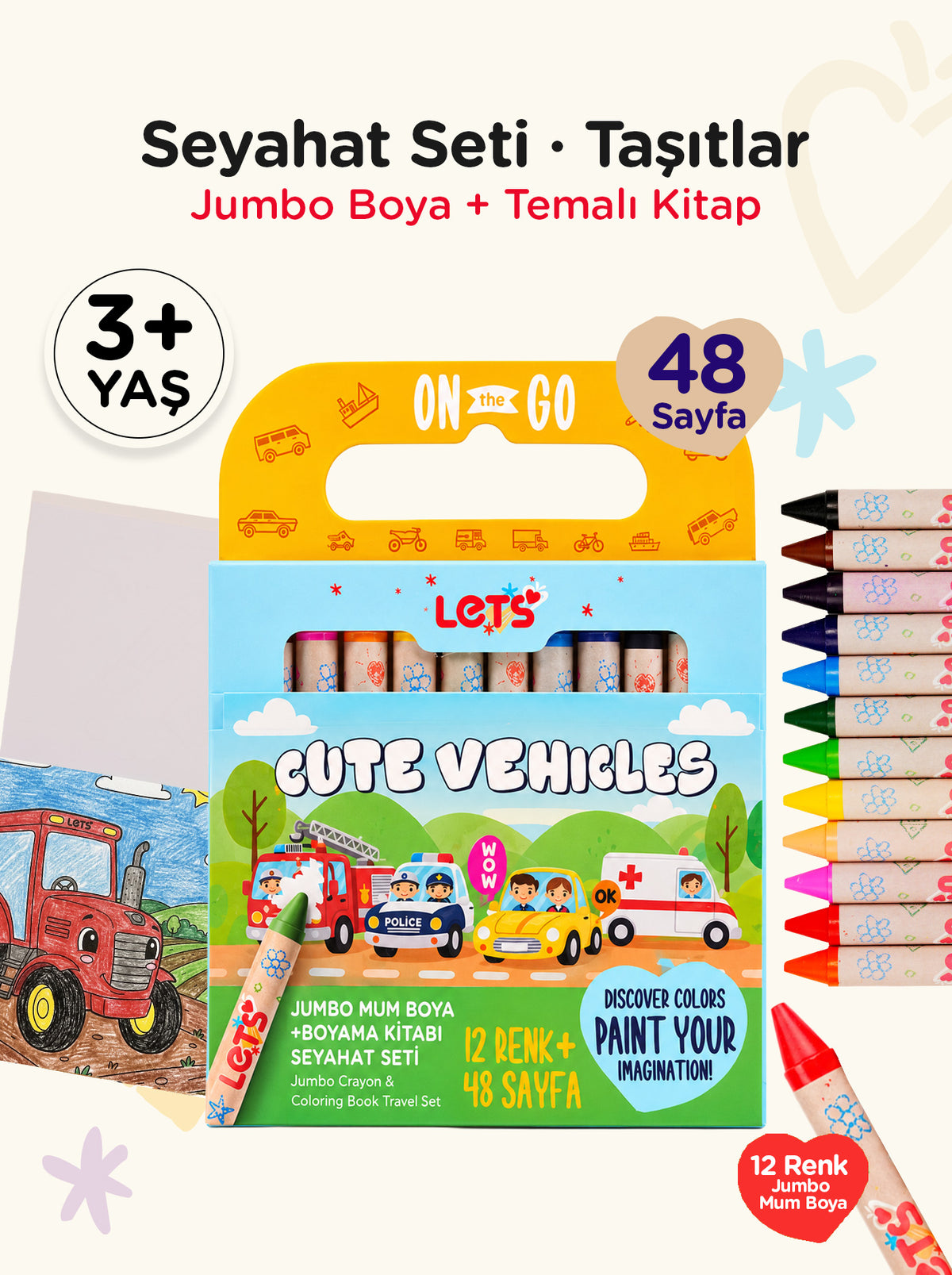 Mum Boya Seyahat Seti – 12 Renk + Boyama Kitabı Taşıtlar Temalı | Let's