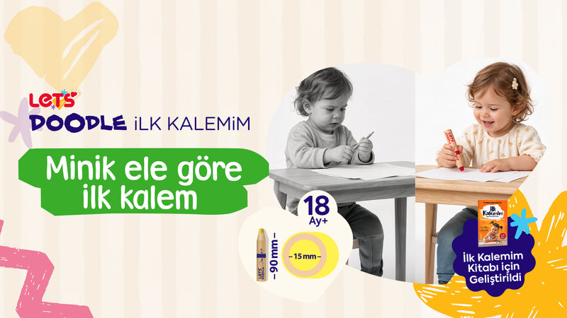 İnce kalemle zorlanan çocuk ve Doodle'ı rahatça tutan çocuk: 90 mm boy, 15 mm gövde, 18 ay+