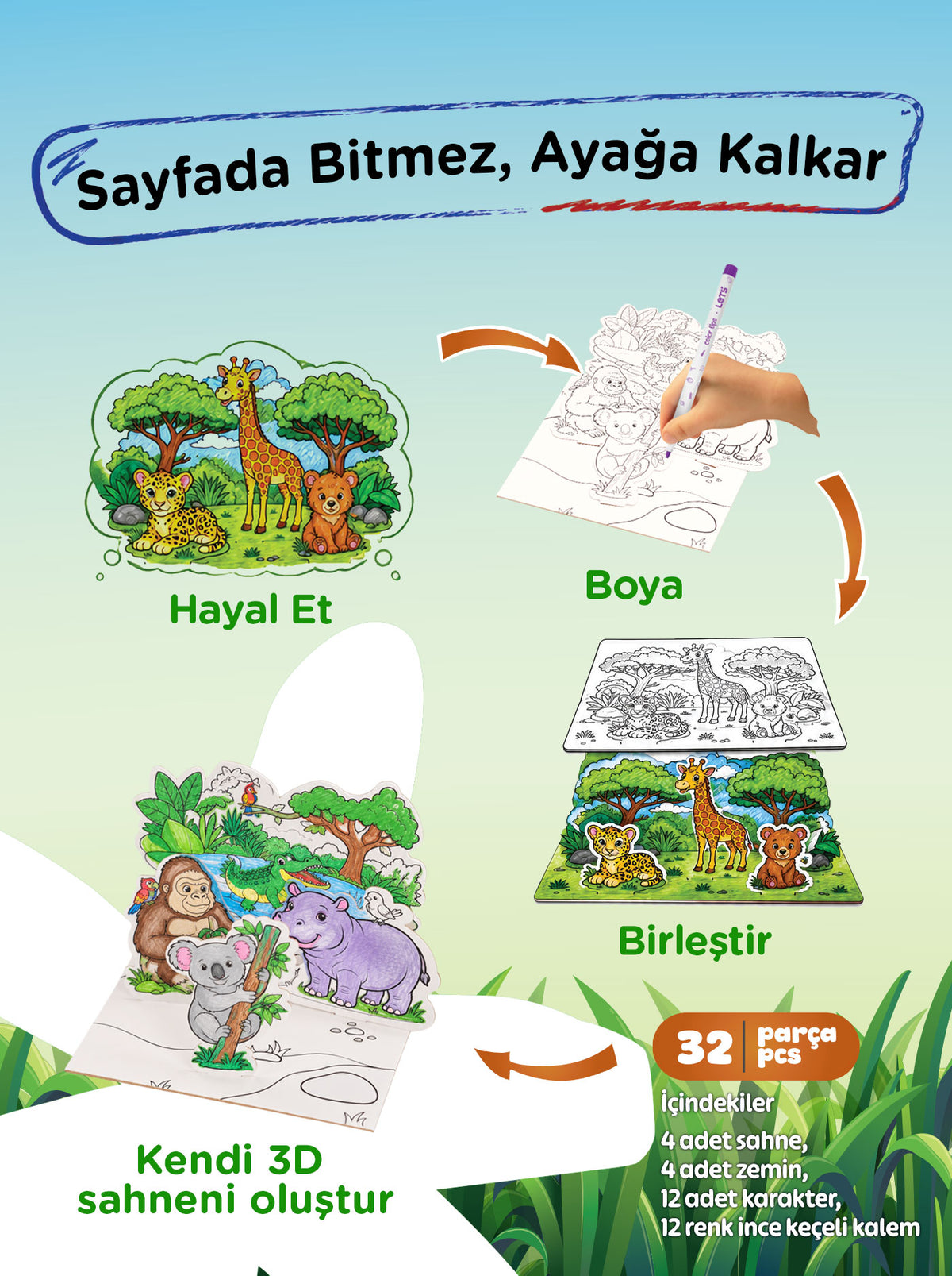 3D Boyama Aktivite Seti Hayvanlar Temalı – 12 Renk Keçeli Kalem | Let’s