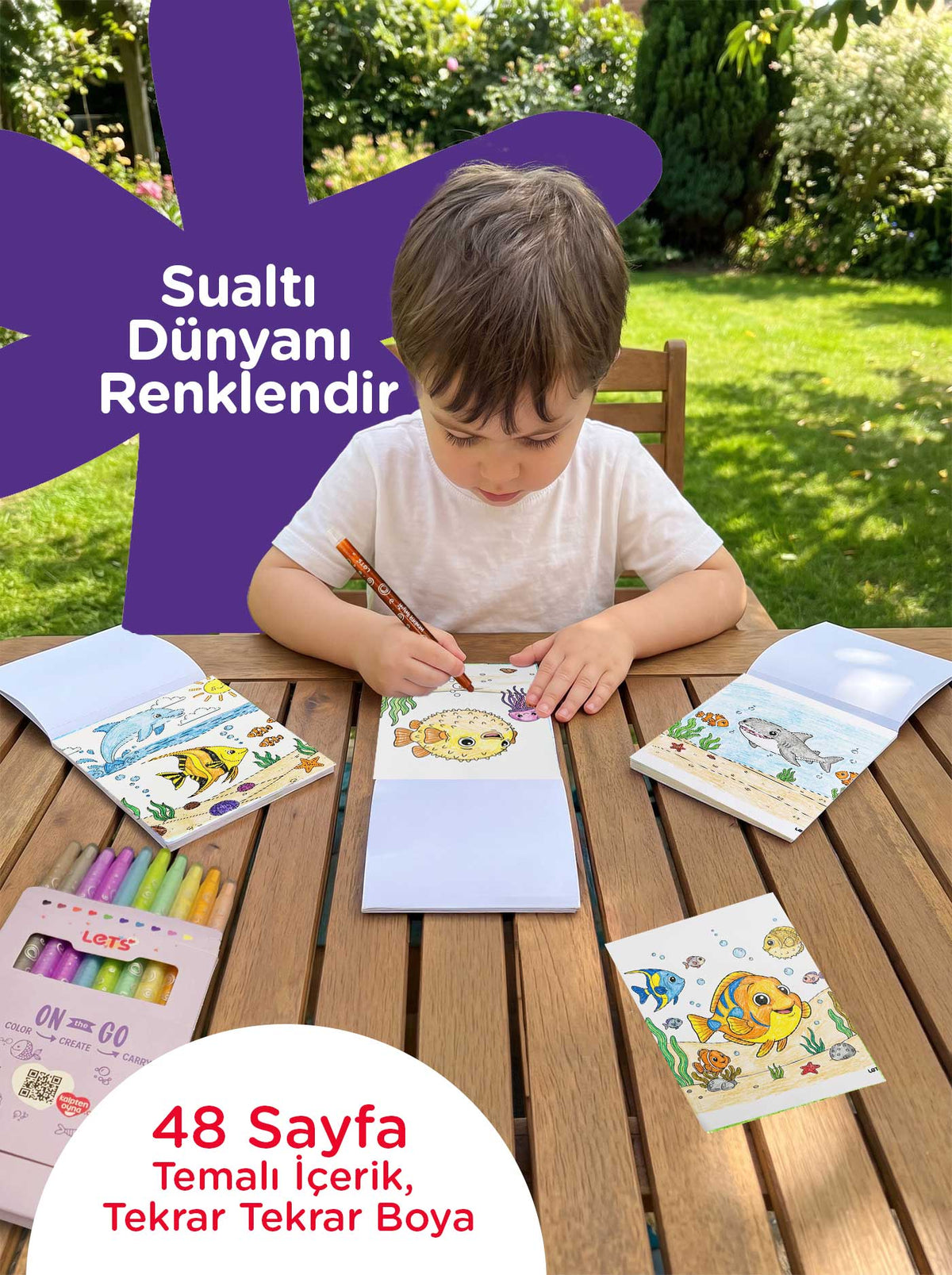 Mum Boya Seyahat Seti – 10 Renk + Boyama Kitabı Deniz Canlıları Temalı | Let's