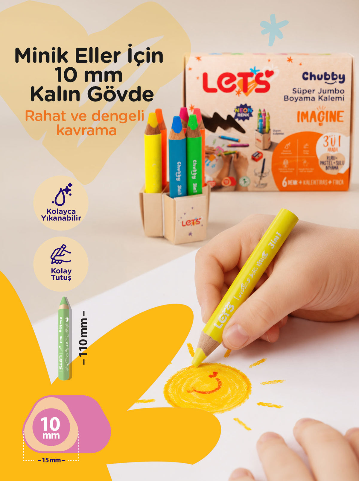 Neon Jumbo Boya Kalemi 6 Renk 3in1 – Chubby Jumbo | Let's 4