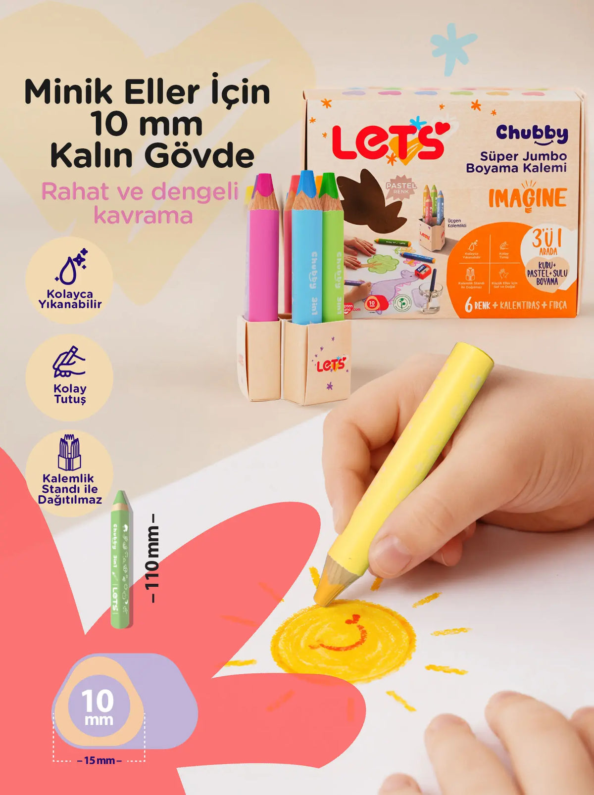 Pastel Boya Kalemi 6 Renk 3in1 – Chubby Jumbo | Let's 3