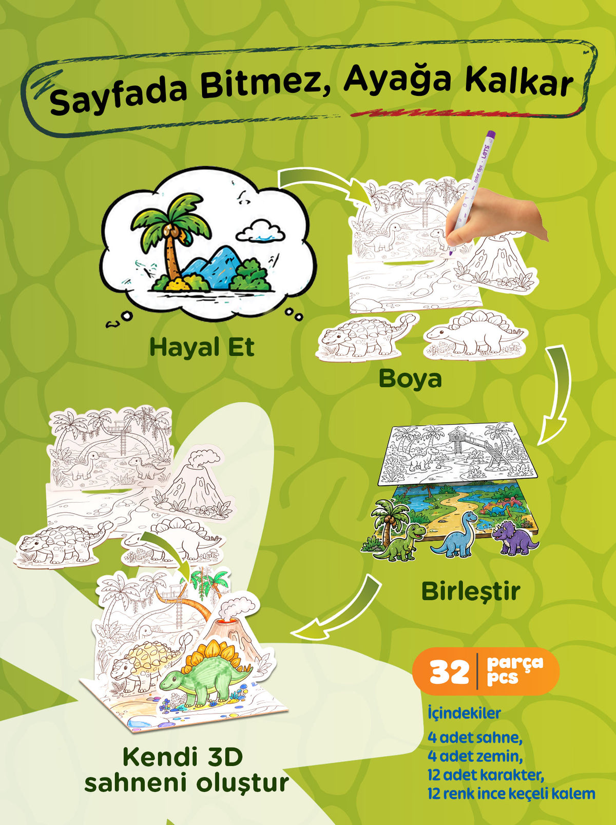 3D Boyama Aktivite Seti Dinozor Temalı – 12 Renk Keçeli Kalem | Let's 3