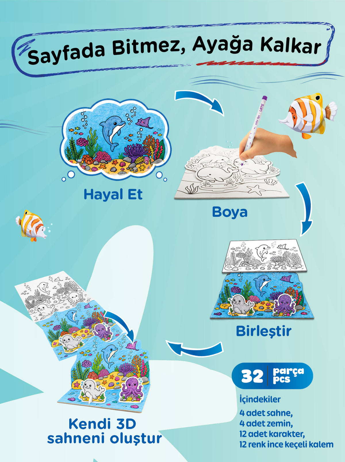 3D Boyama Aktivite Seti Okyanus Temalı – 12 Renk Keçeli Kalem | Let's 3
