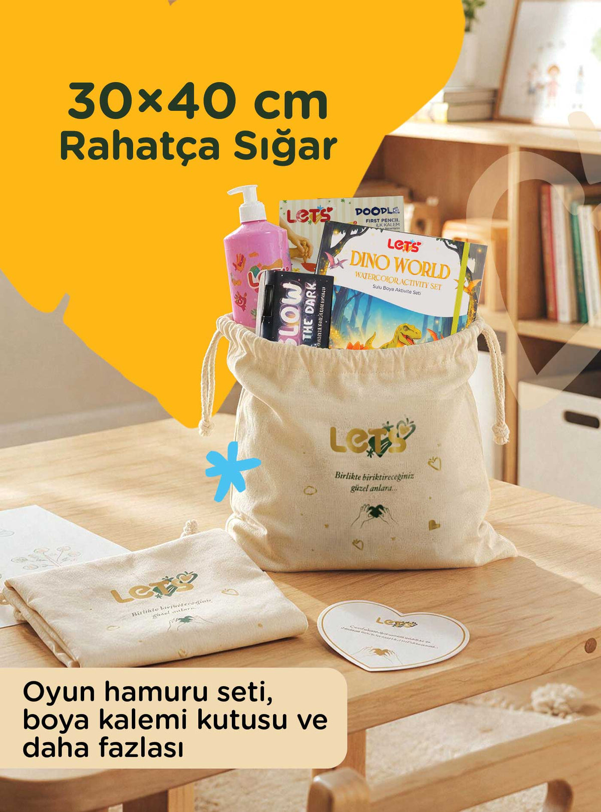 Büzgülü Bez Hediye Torbası ve Kalpli Hediye Kartı Seti 30x40 cm Doğum Günü Hediye Paketi 4