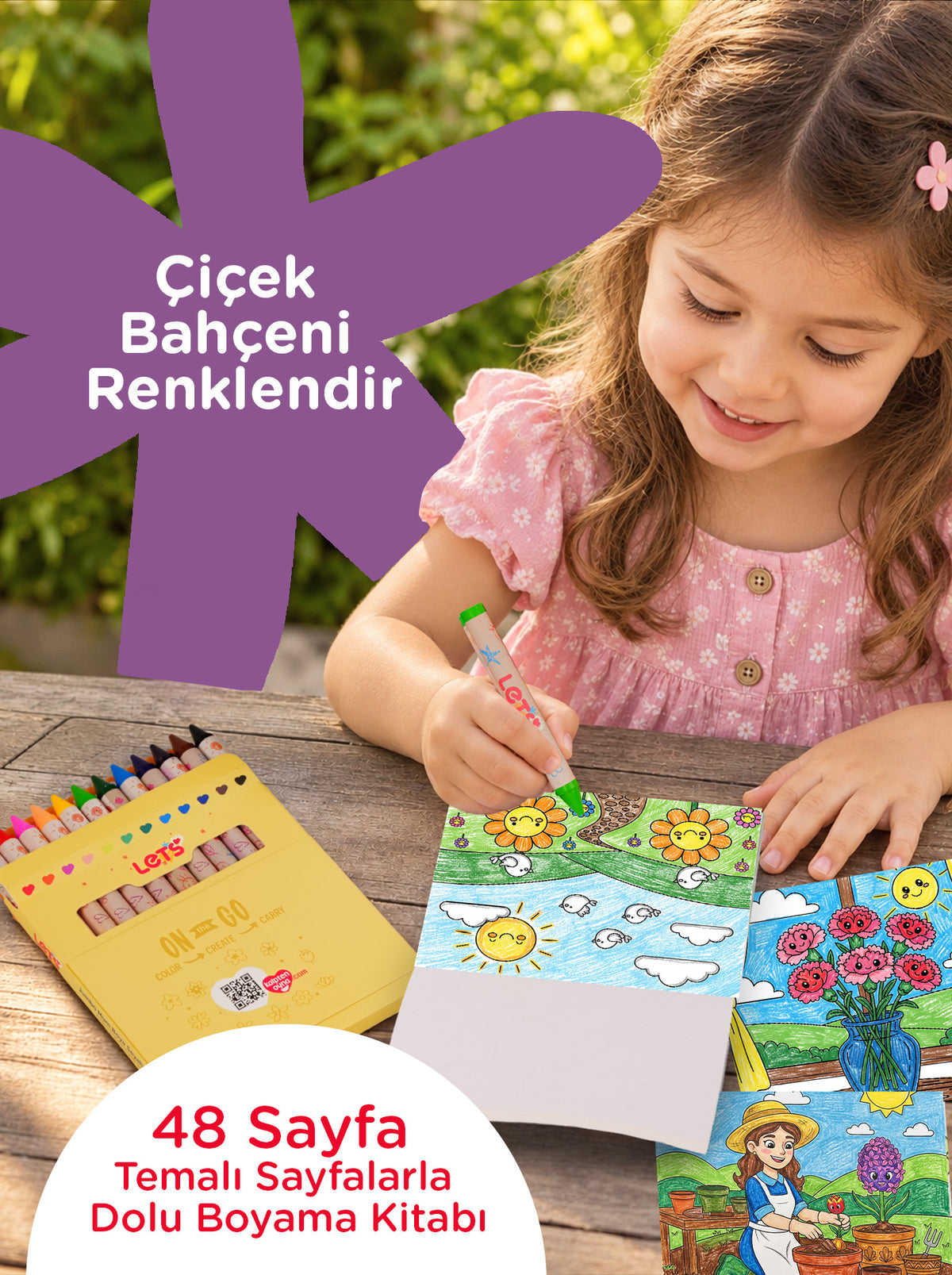 Mum Boya Seyahat Seti – 12 Renk + Boyama Kitabı Çiçekler Temalı | Let's 4