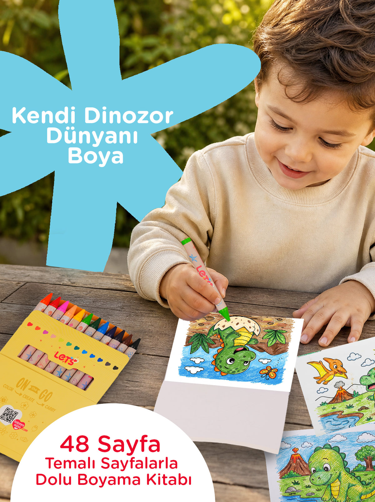 Mum Boya Seyahat Seti – 12 Renk + Boyama Kitabı Dinozorlar Temalı | Let's 4