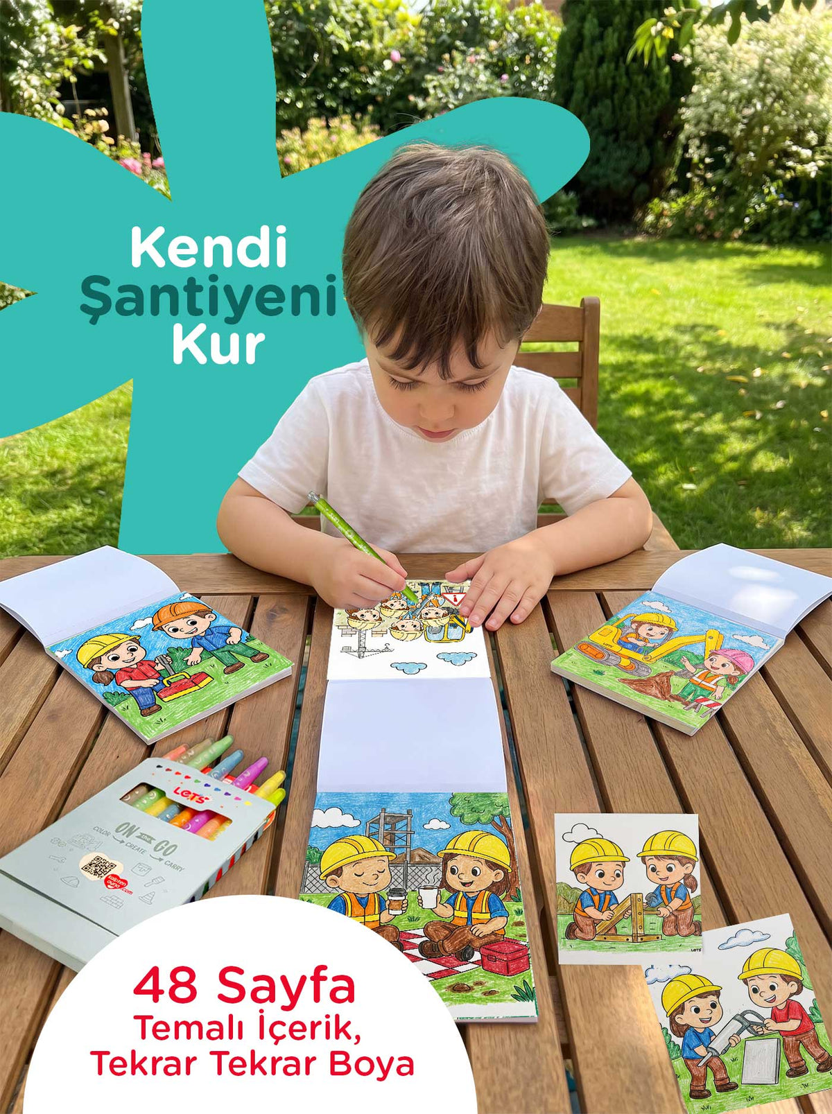 Mum Boya Seyahat Seti – 10 Renk + Boyama Kitabı İnşaat Temalı | Let's 4