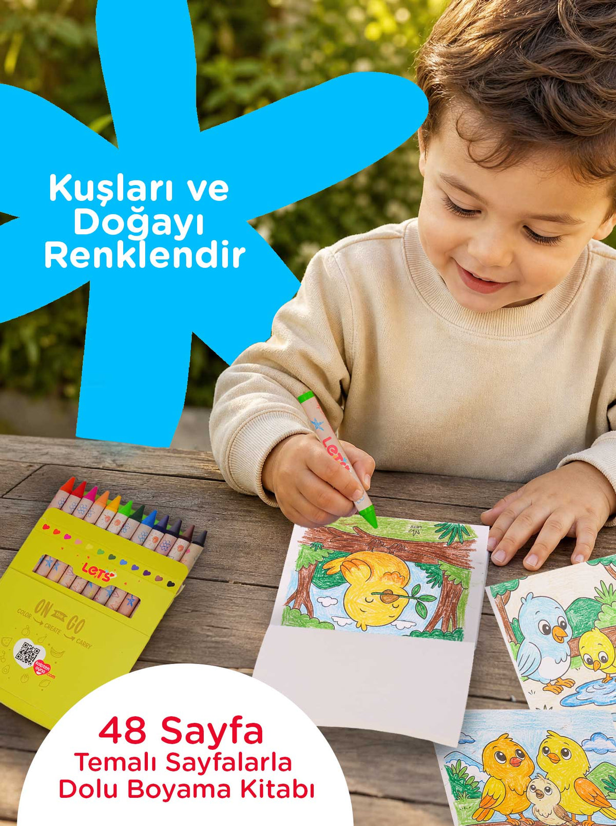 Mum Boya Seyahat Seti – 12 Renk + Boyama Kitabı Kuşlar Temalı | Let's 4