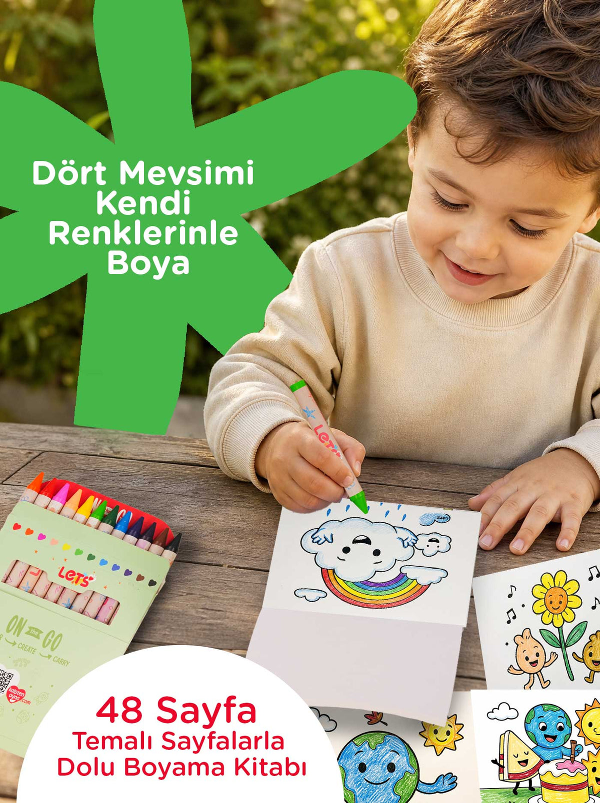 Mum Boya Seyahat Seti – 12 Renk + Boyama Kitabı Mevsimler Temalı | Let's 4