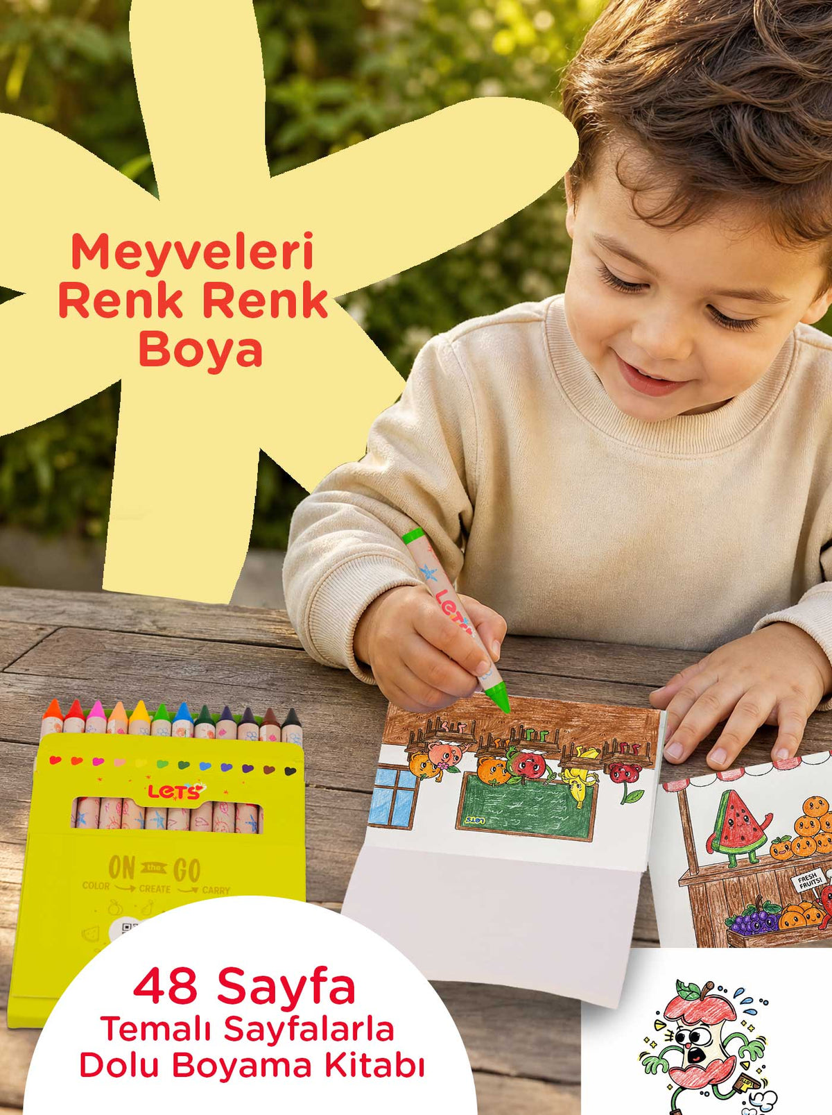 Mum Boya Seyahat Seti – 12 Renk + Boyama Kitabı Meyveler Temalı | Let's 4