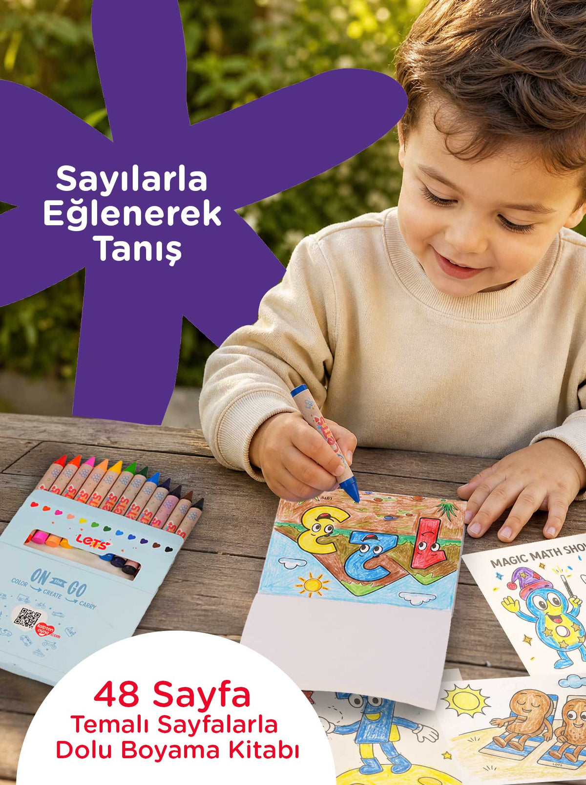 Mum Boya Seyahat Seti – 12 Renk + Boyama Kitabı Neşeli Sayılar Temalı | Let's 4