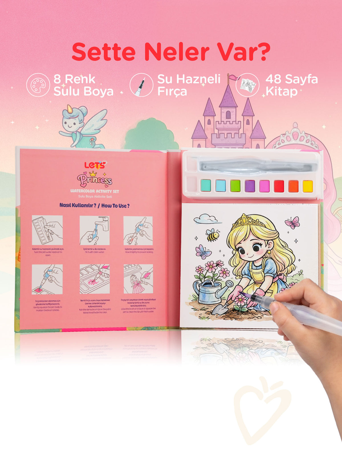 Sulu Boya Boyama Kitabı & Aktivite Seti – Prenses | Let's 4
