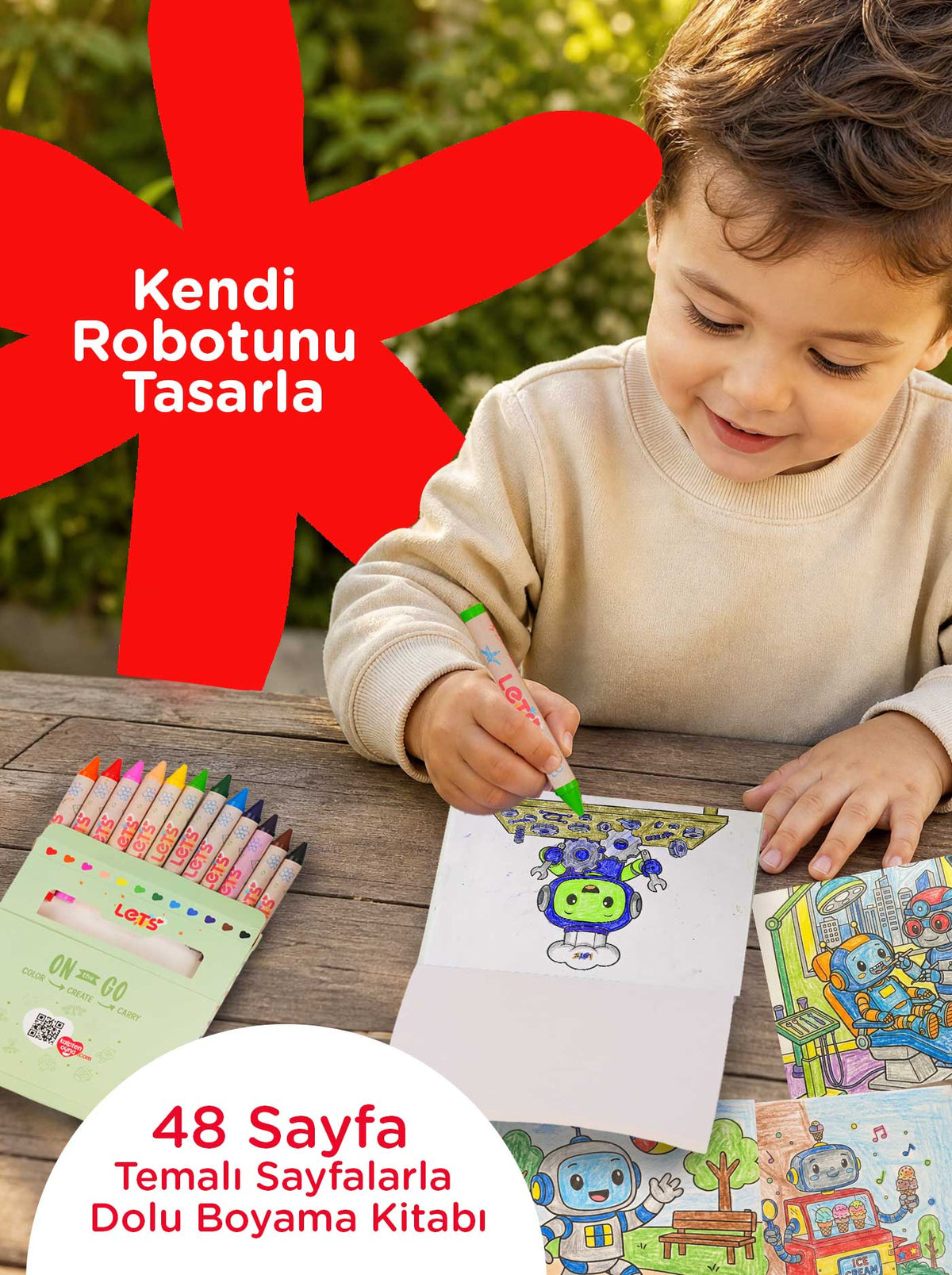 Mum Boya Seyahat Seti – 12 Renk + Boyama Kitabı Robotlar Temalı | Let's 4