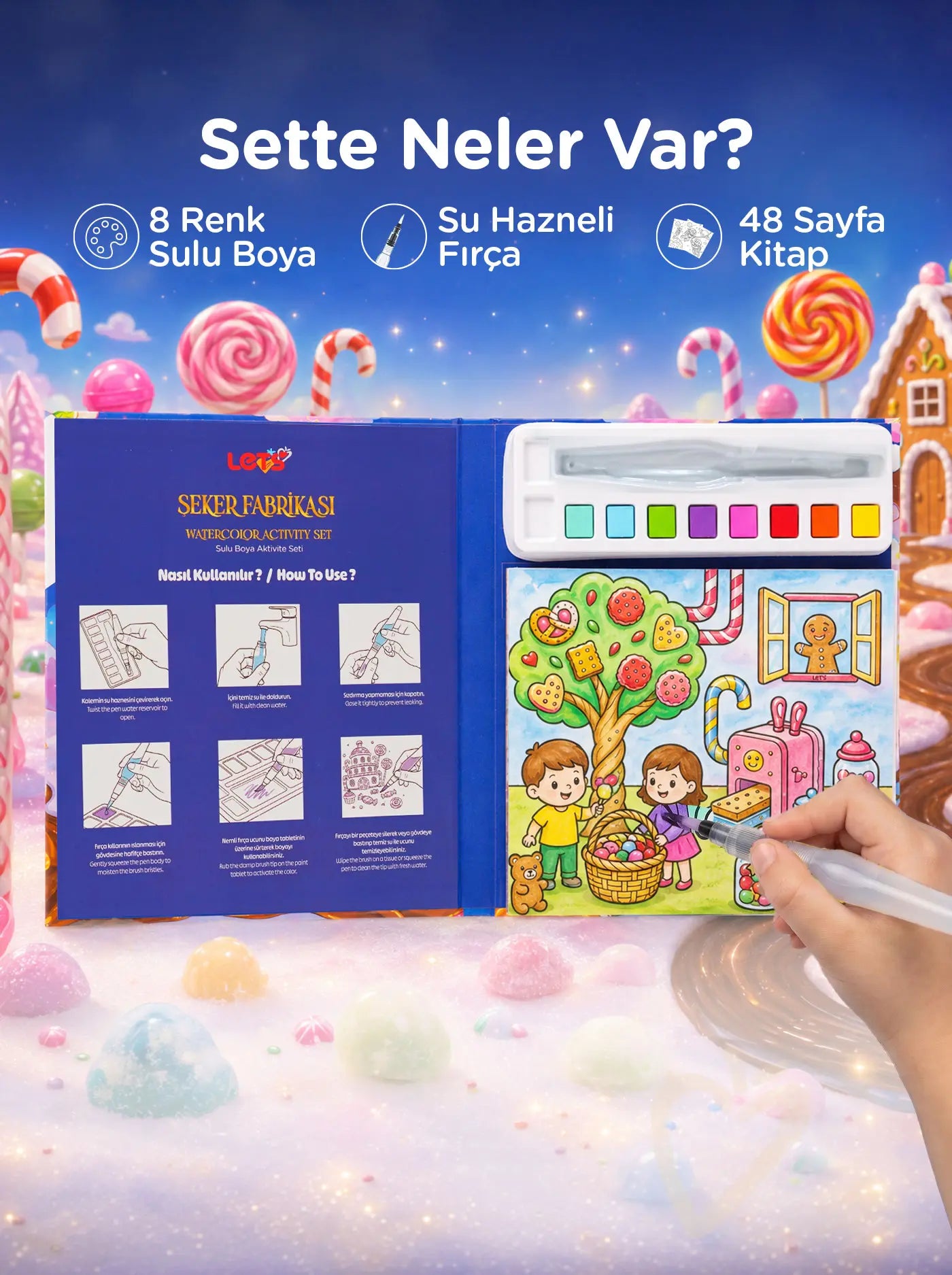 Sulu Boya Boyama Kitabı & Aktivite Seti – Şeker Fabrikası | Let's