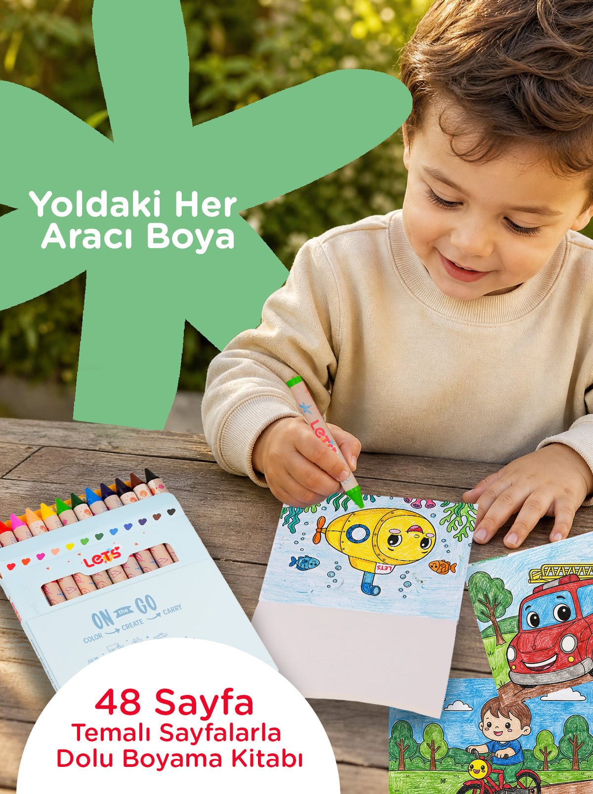 Mum Boya Seyahat Seti – 12 Renk + Boyama Kitabı Taşıtlar Temalı | Let's 4