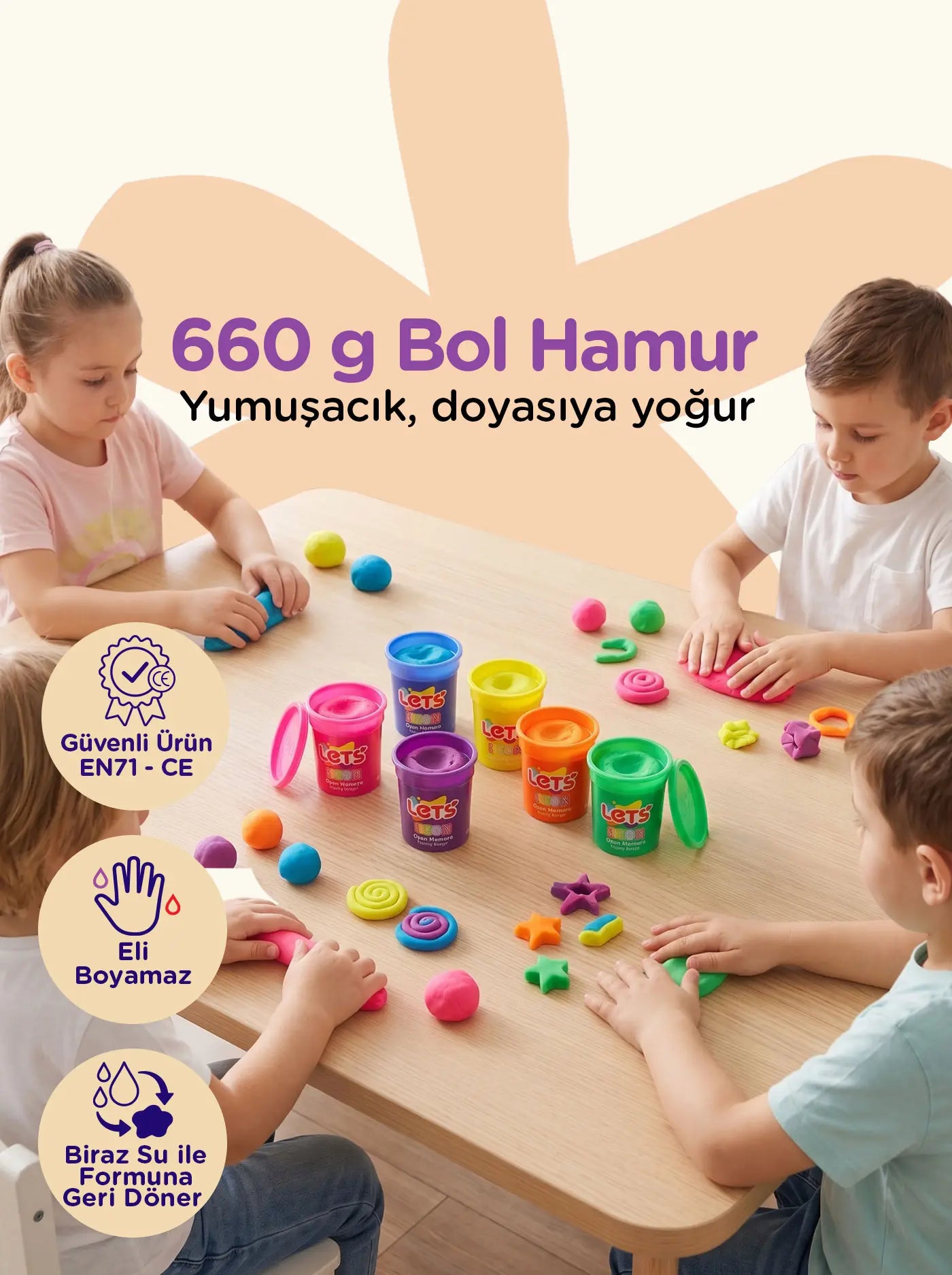 Neon Oyun Hamuru 6 Renk 660 g | Let's 3