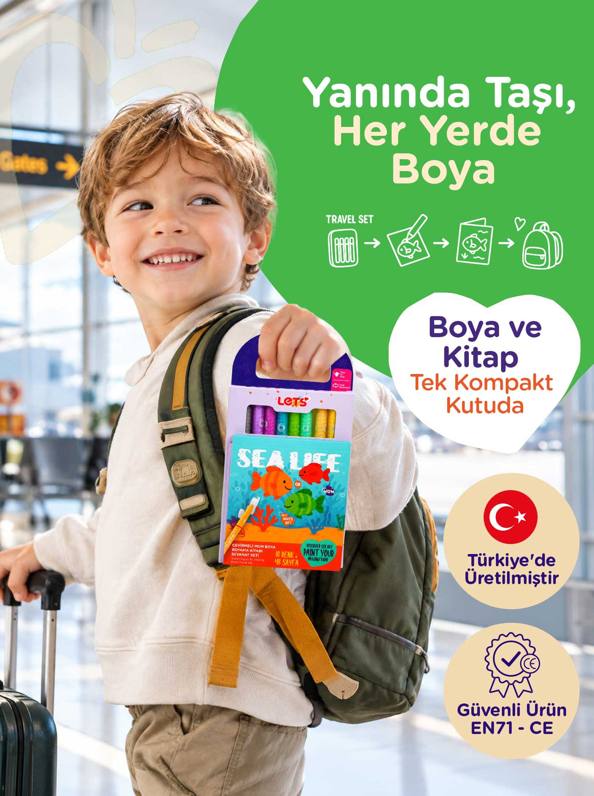 Mum Boya Seyahat Seti – 10 Renk + Boyama Kitabı Deniz Canlıları Temalı | Let's 4