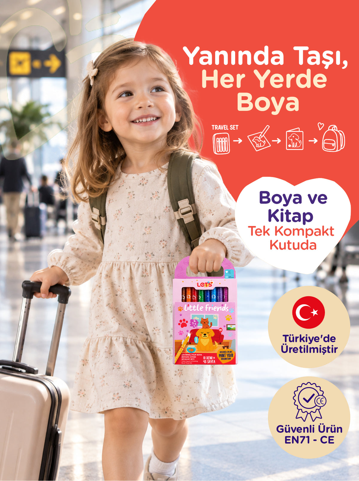 Mum Boya Seyahat Seti – 10 Renk + Boyama Kitabı Sevimli Dostlar Temalı | Let's 3