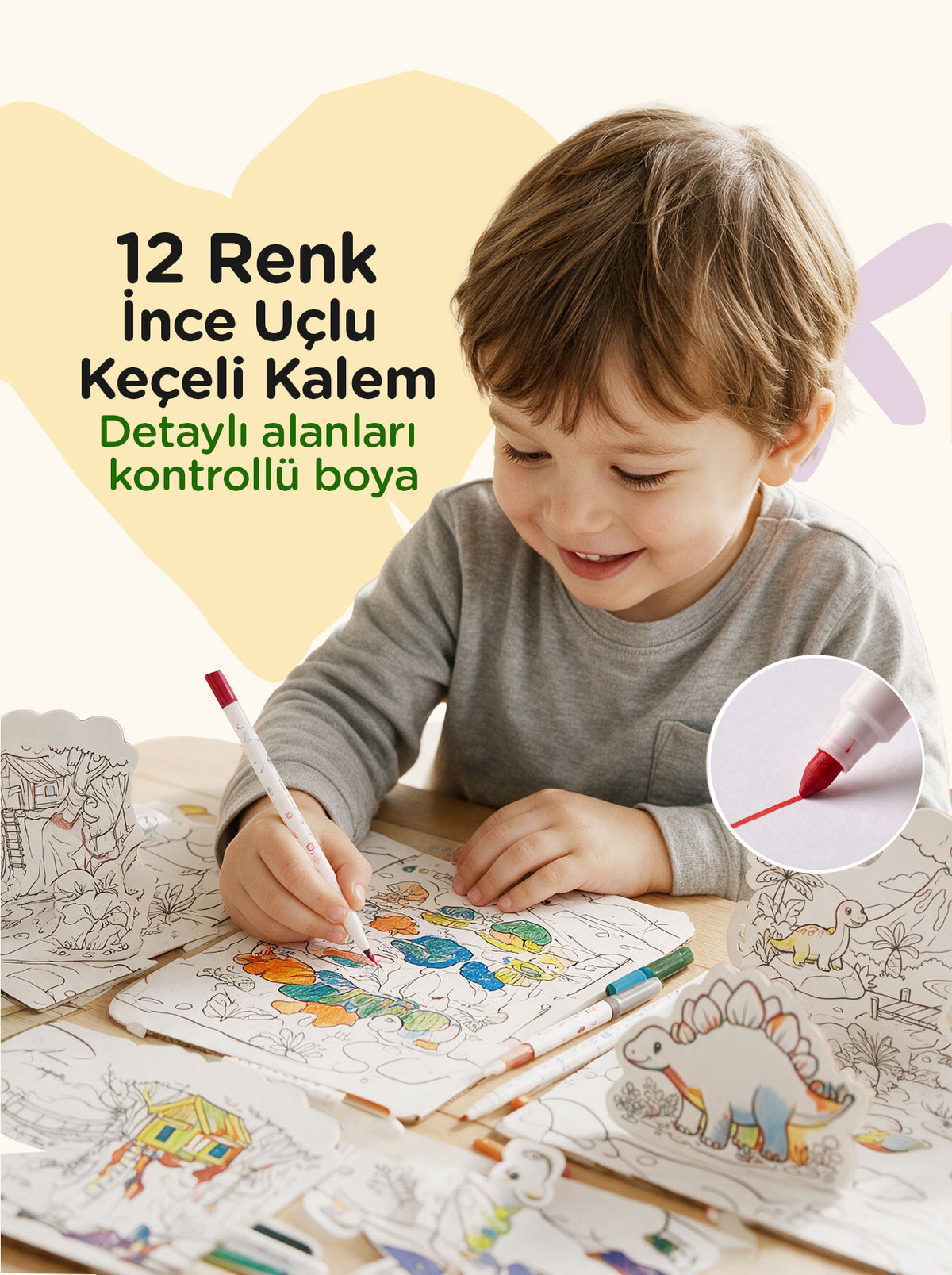 3D Boyama Aktivite Seti Dinozor Temalı – 12 Renk Keçeli Kalem | Let's 4